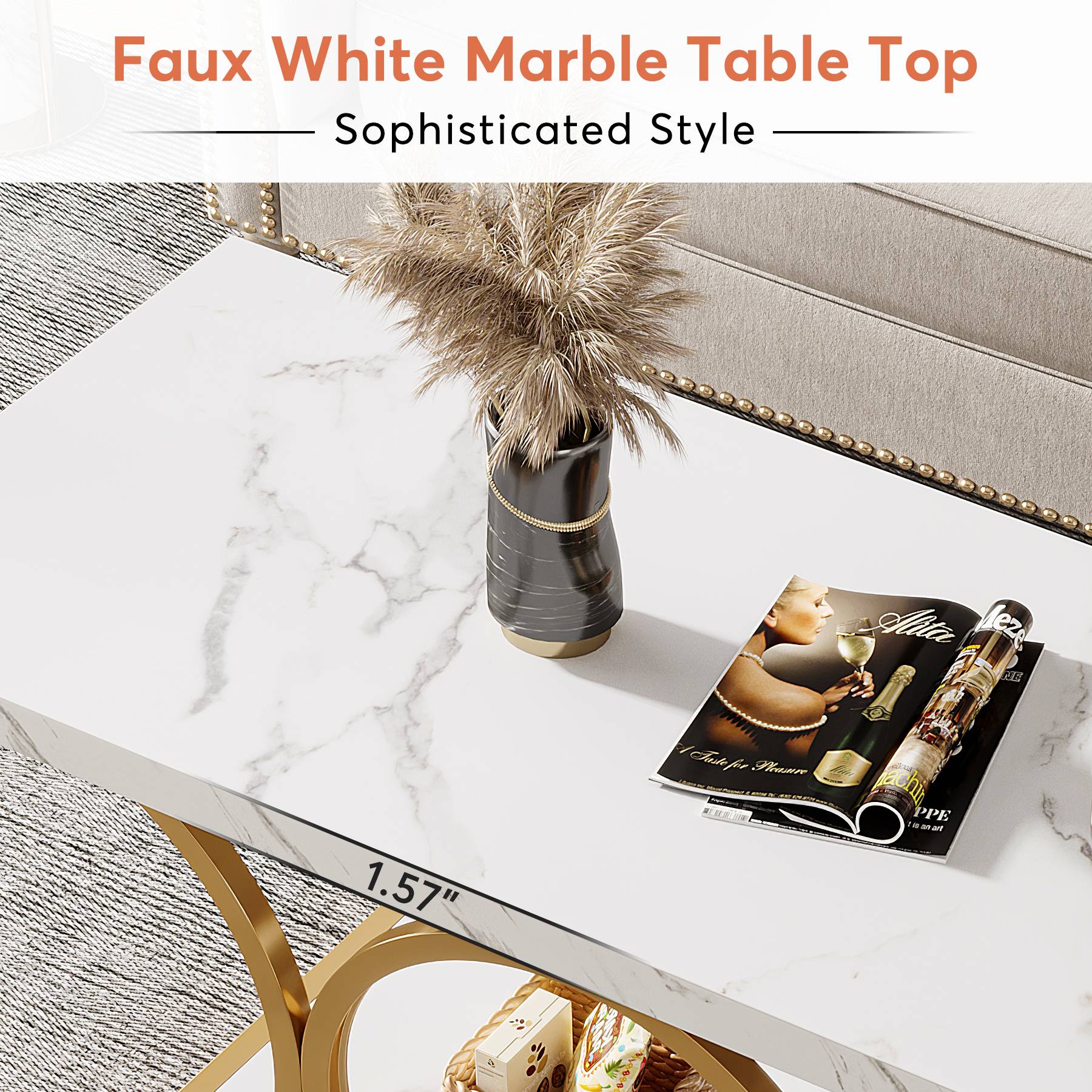 Rectangle Coffee Table, 47.24" Center Table with Faux Marble Top