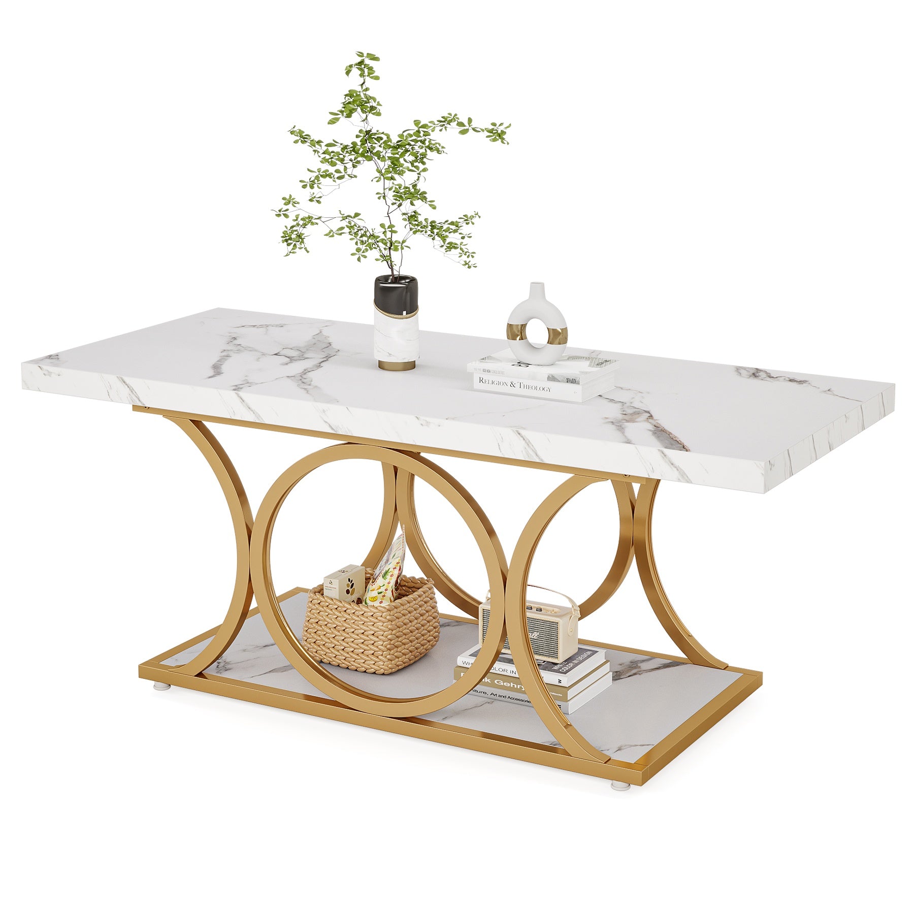 Rectangle Coffee Table, 47.24" Center Table with Faux Marble Top#Colour_Faux Marble White & Gold