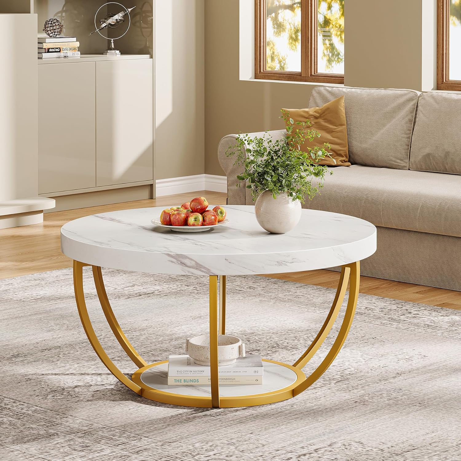Round Wooden Coffee Table with 2-Tier Shelves