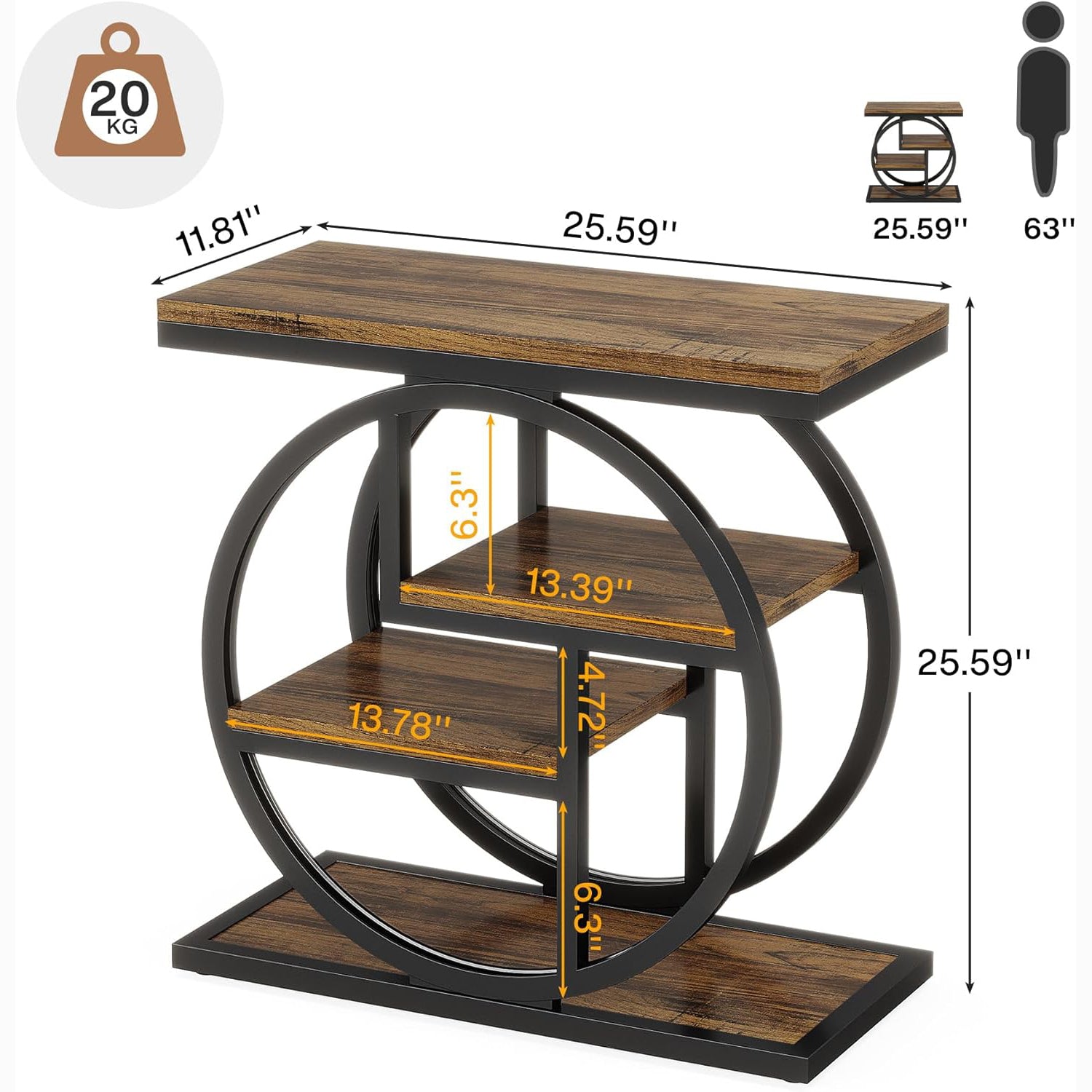 23.6" Industrial 4-Tier End Table - Narrow Wood & Metal Side Table with Storage Shelves, Rustic Brown