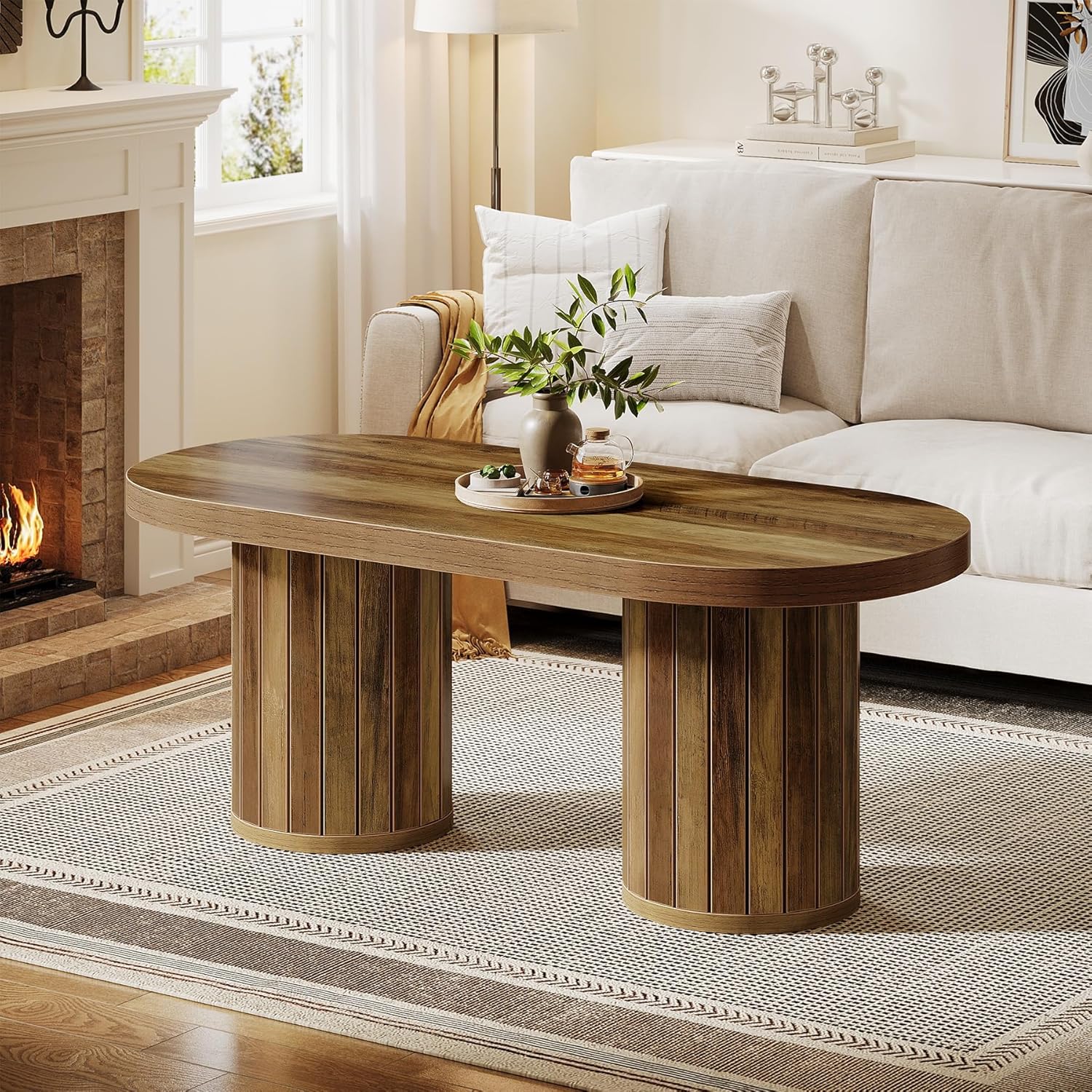 47.2" Farmhouse Oval Coffee Table with Fluted Legs - Rustic Brown Center Table