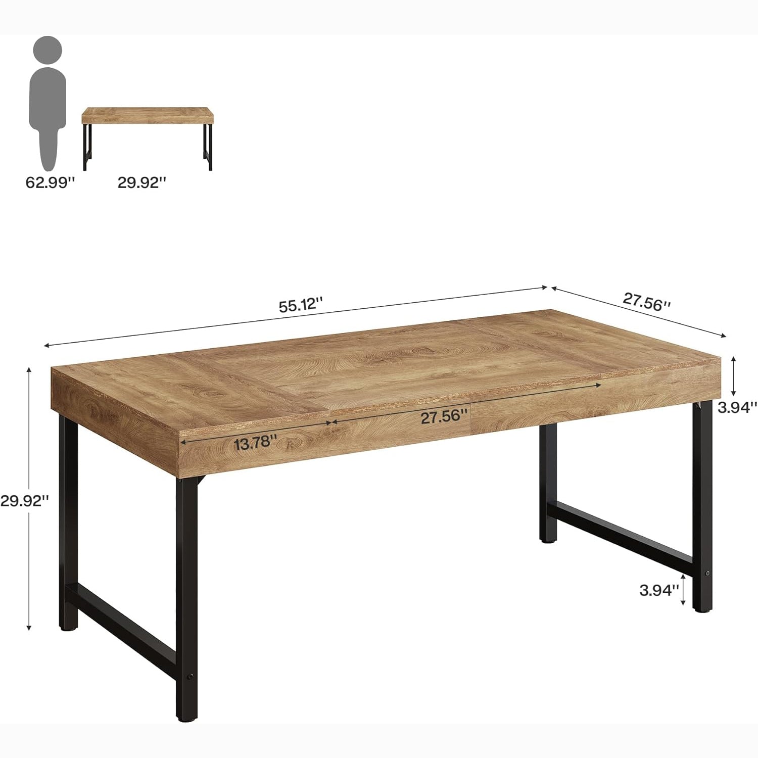 55" Industrial Executive Desk - Rustic Office Desk with Metal Legs, Study & Conference Workstation
