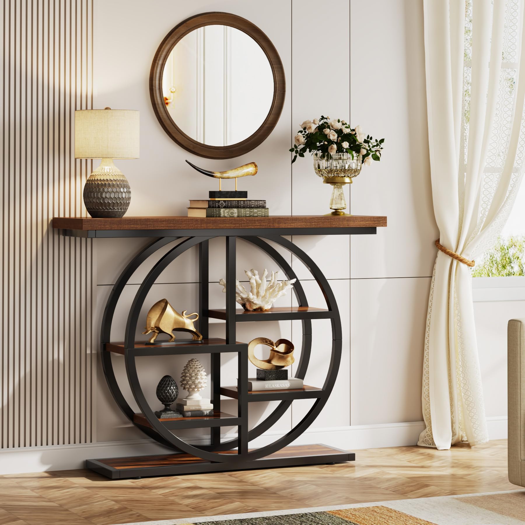 Tribesigns 41.3-Inch Narrow Console Table with 6-Tier Storage, Industrial Hallway Table with Circle Base