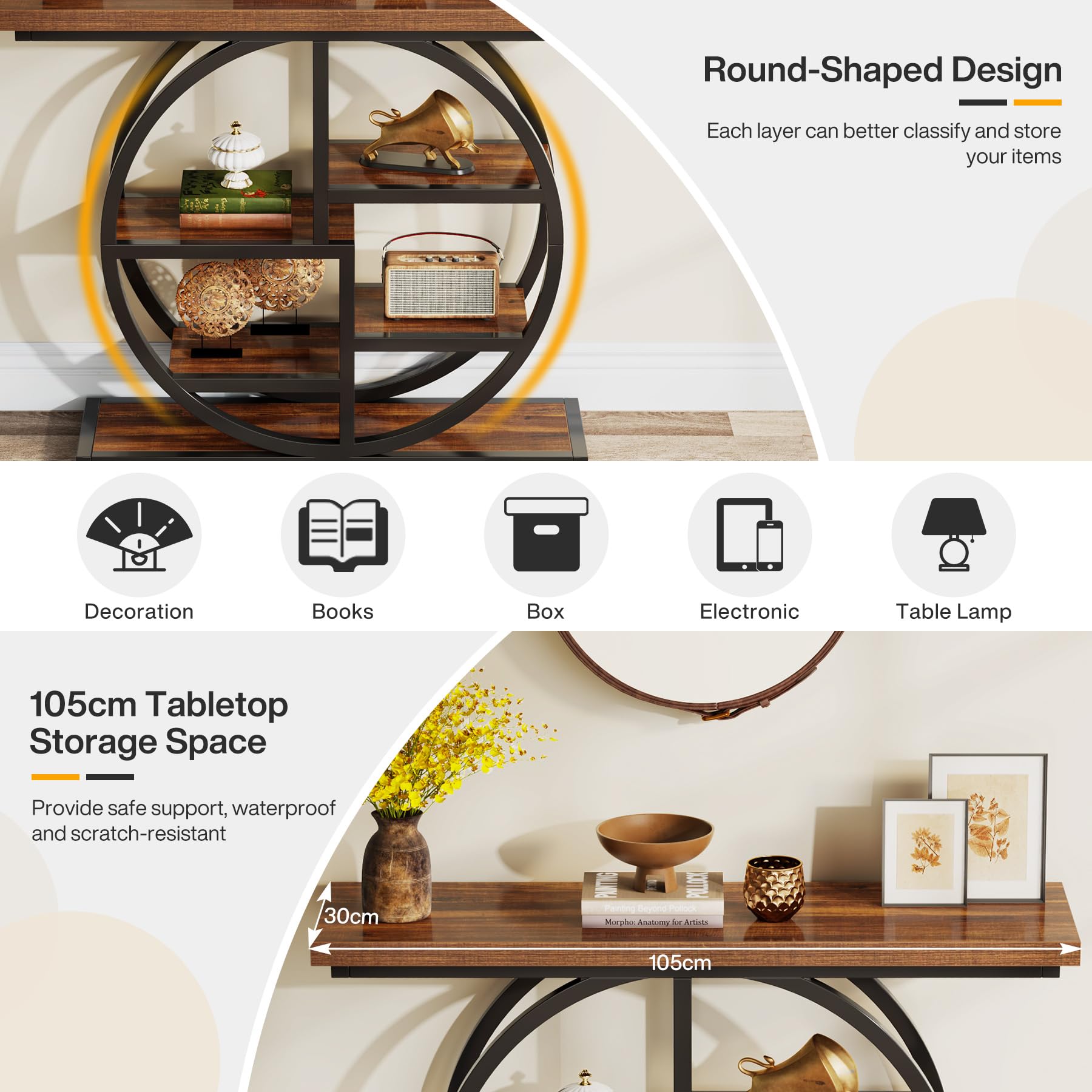Tribesigns 41.3-Inch Narrow Console Table with 6-Tier Storage, Industrial Hallway Table with Circle Base