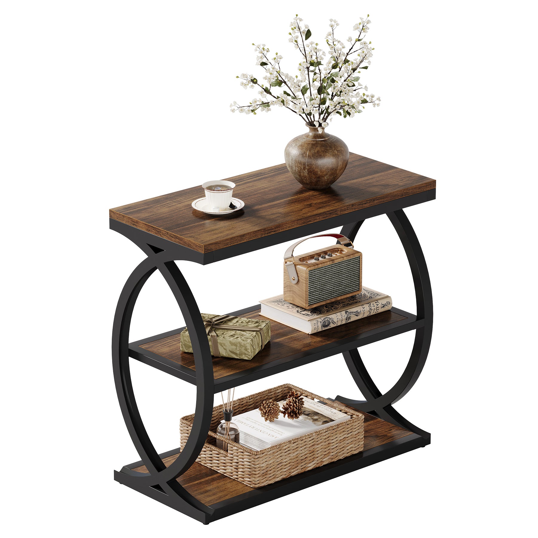 23.62" Rustic Brown Narrow End Table, 3-Tier Industrial Wood & Metal Side Table for Small Space