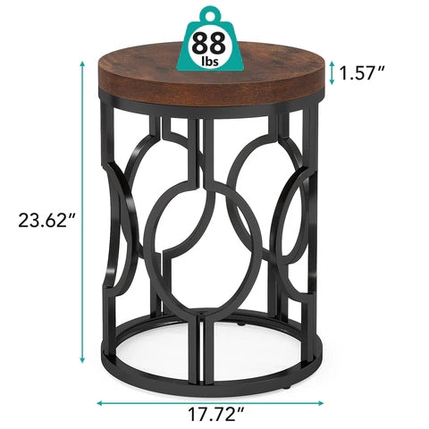 Round End Table, Industrial Side Table with Metal Hollow Frame