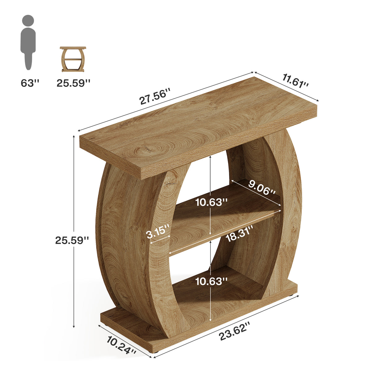 24 Inch Narrow End Table with Storage, 3 Tier Farmhouse Side Table