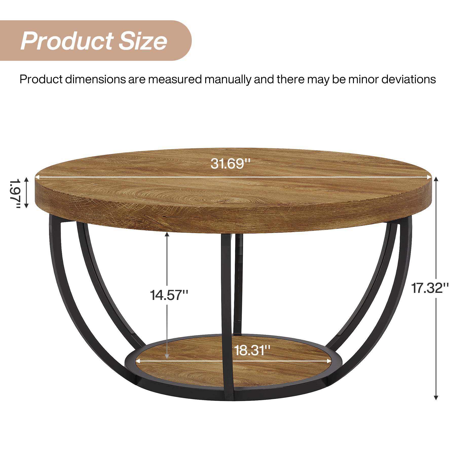 Round Wooden Coffee Table with 2-Tier Shelves