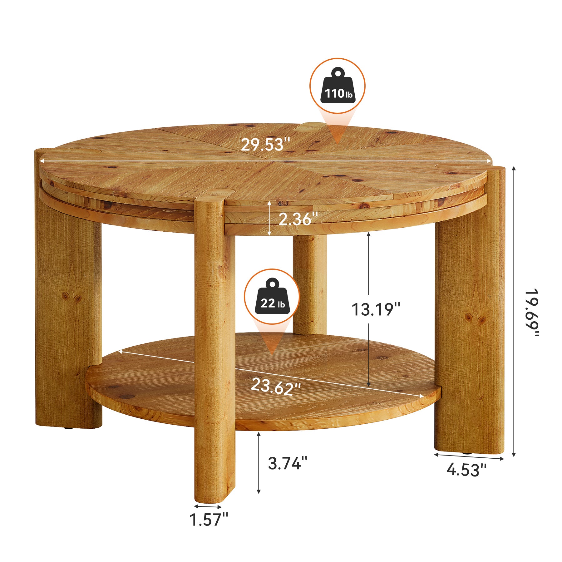 29.5 Inch Solid Wood Round Coffee Table, Farmhouse 2-Tier Circle Center Table with Open Storage Shelf for Living Room Apartment