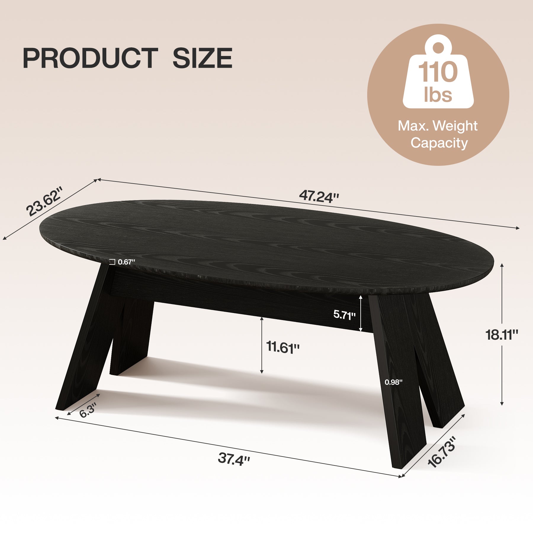 47-Inch Oval Coffee Table for Living Room, Modern Black Center Cocktail Table with Angled Legs