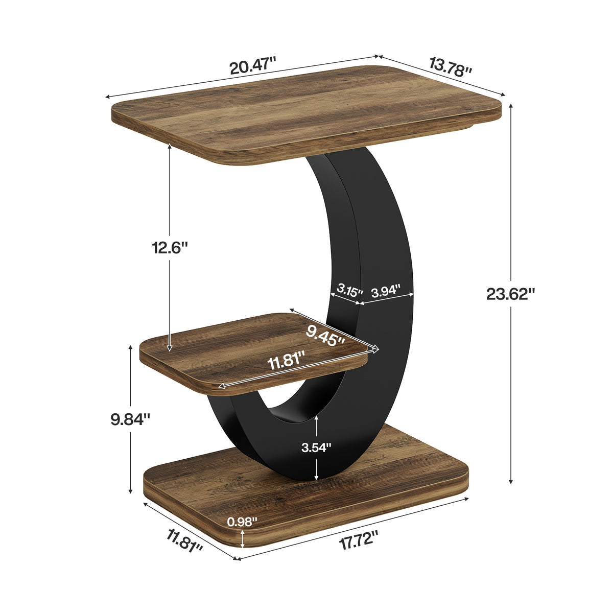 23.6-Inch 2-Tier Narrow End Table with Storage Shelf, Industrial Side Table Nightstand for Living Room