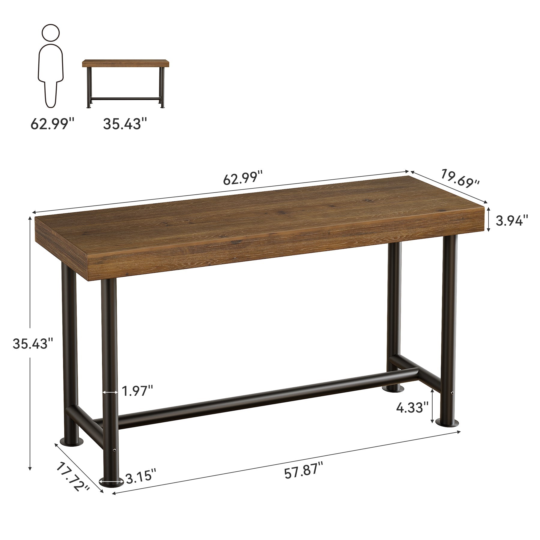 63-Inch Solid Wood Bar Table with Metal Legs, Rectangular Counter Height Pub Table
