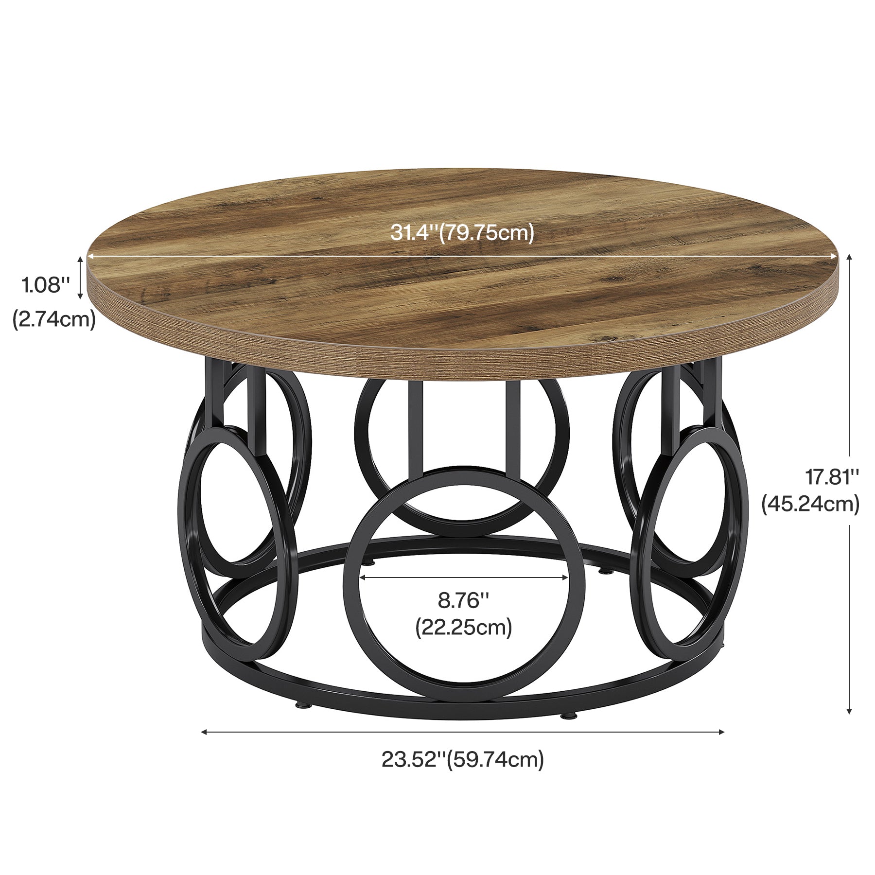 31.5-Inch Round Coffee Table, Rustic Wood Grain and Metal Base with Industrial Design