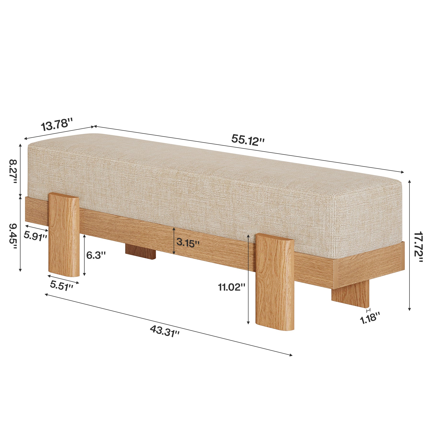 55-Inch Upholstered Entryway Bench, Modern Shoe Bench with Thick Cushion