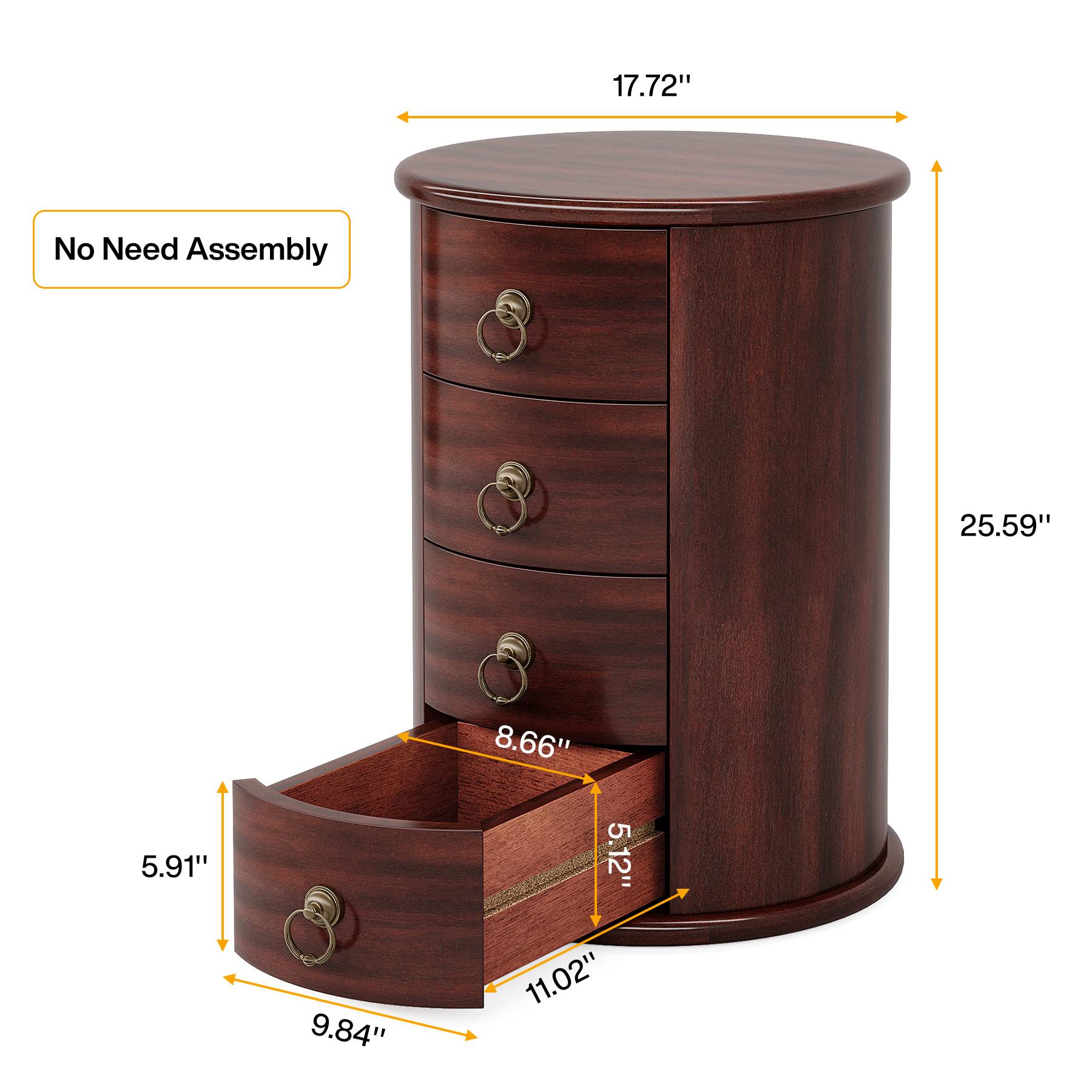 Wood End Table, Round Side Table With 4 Drawers
