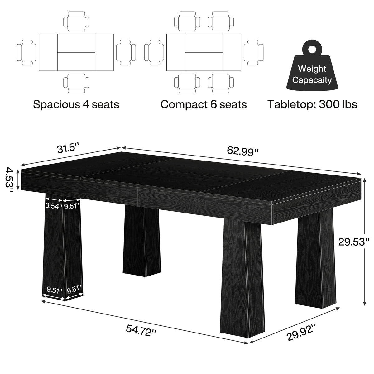 Tribesigns 63 Inch Dining Table for 4-6, Modern Industrial Kitchen Table with Tapered Legs for Dining Room