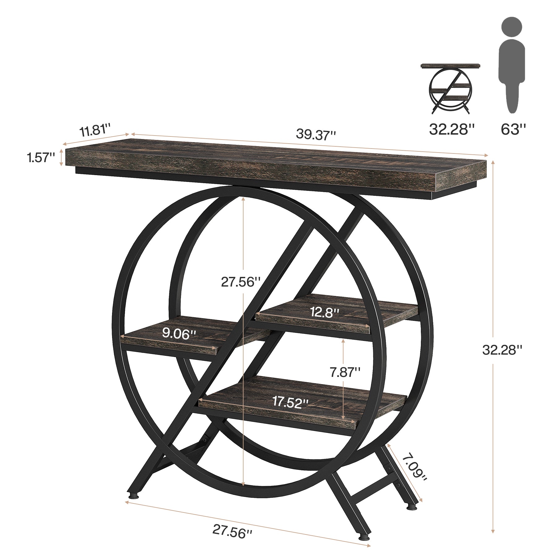 4-Tier Console Table, 39.4" Entryway Table with Geometric Metal Frame