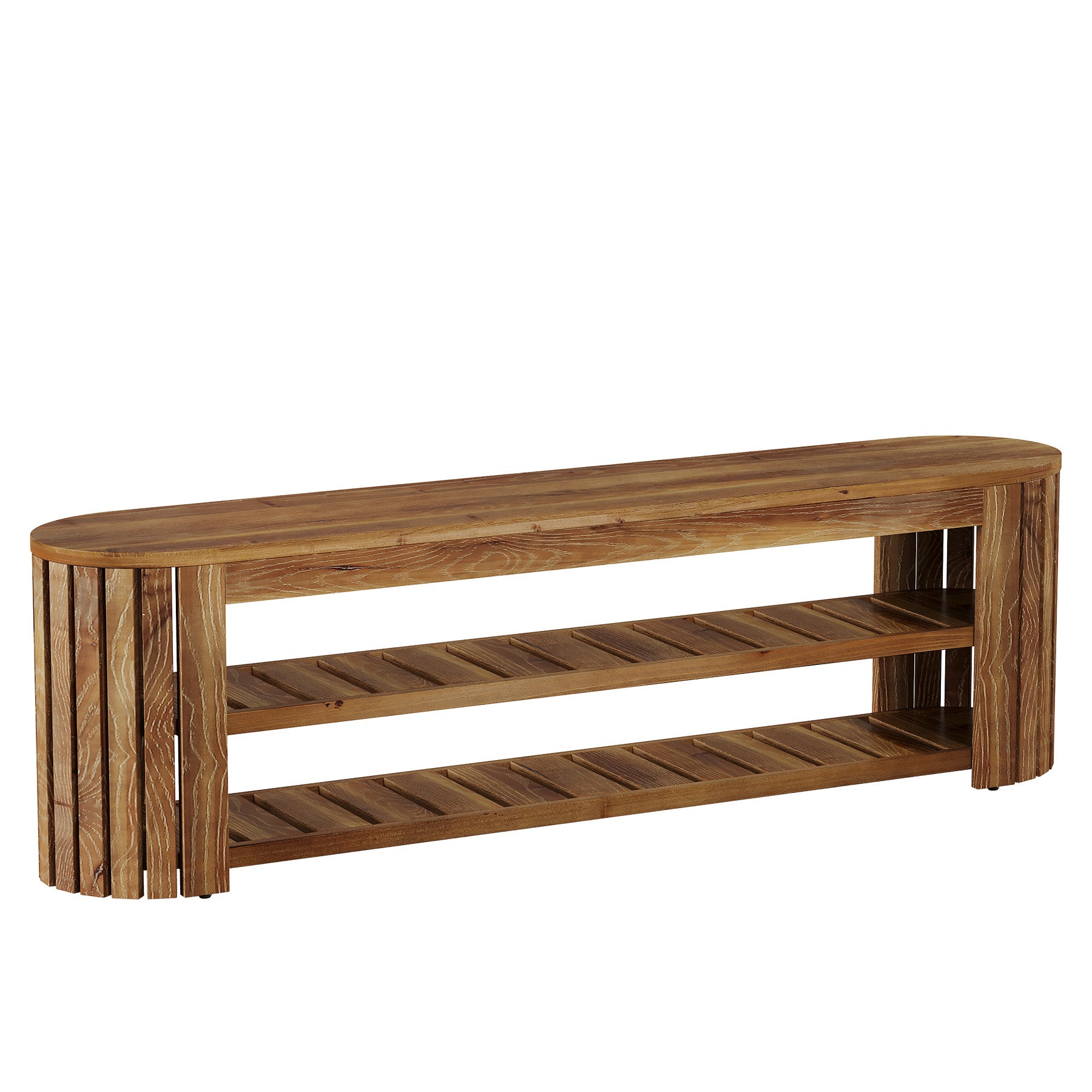 63 Inch Solid Fir Wood TV Stand with Rounded Top, Farmhouse Media Console with Shelves