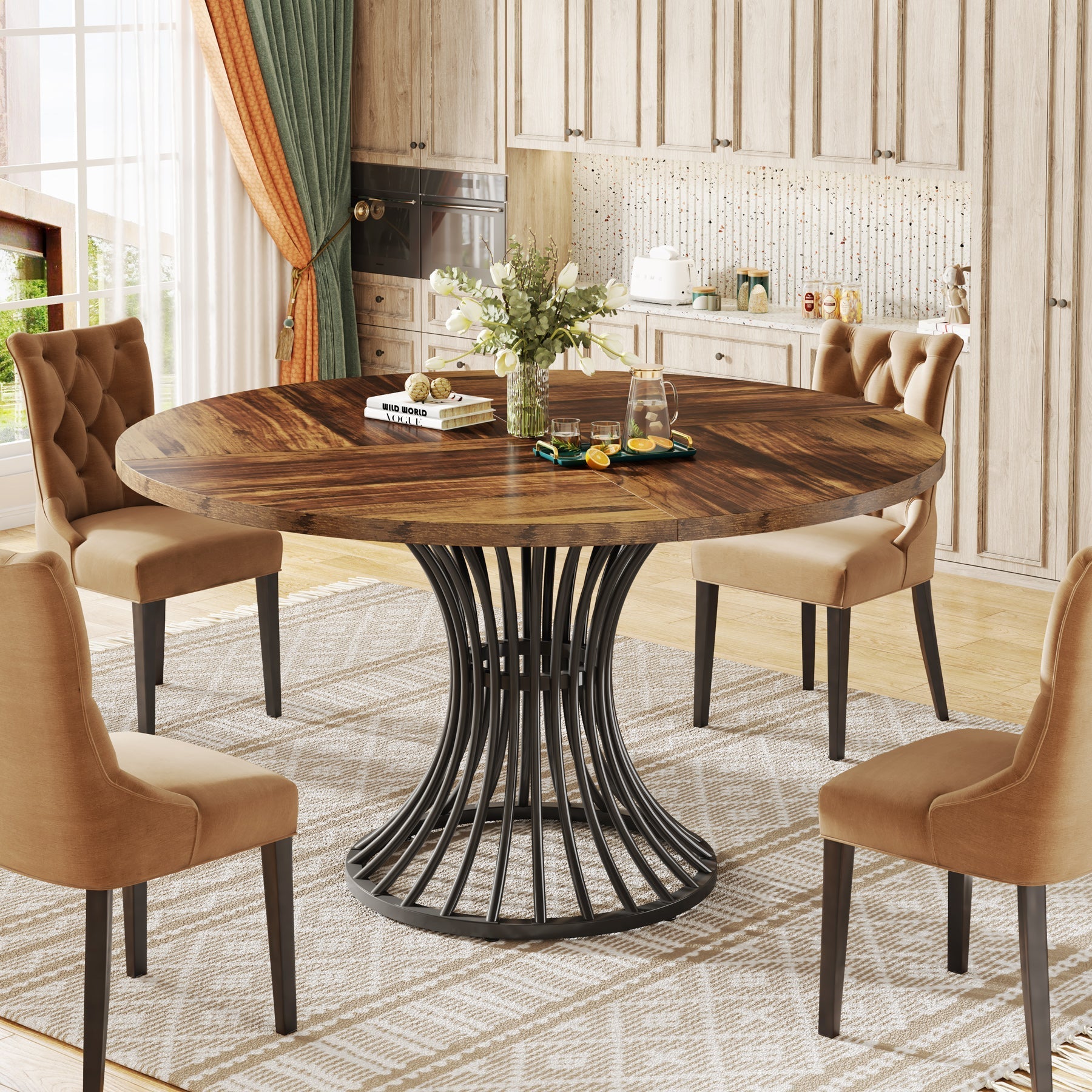 Tribesigns 47.2-Inch Round Dining Table for 4-6, Farmhouse Kitchen Table with Hourglass Metal Base
