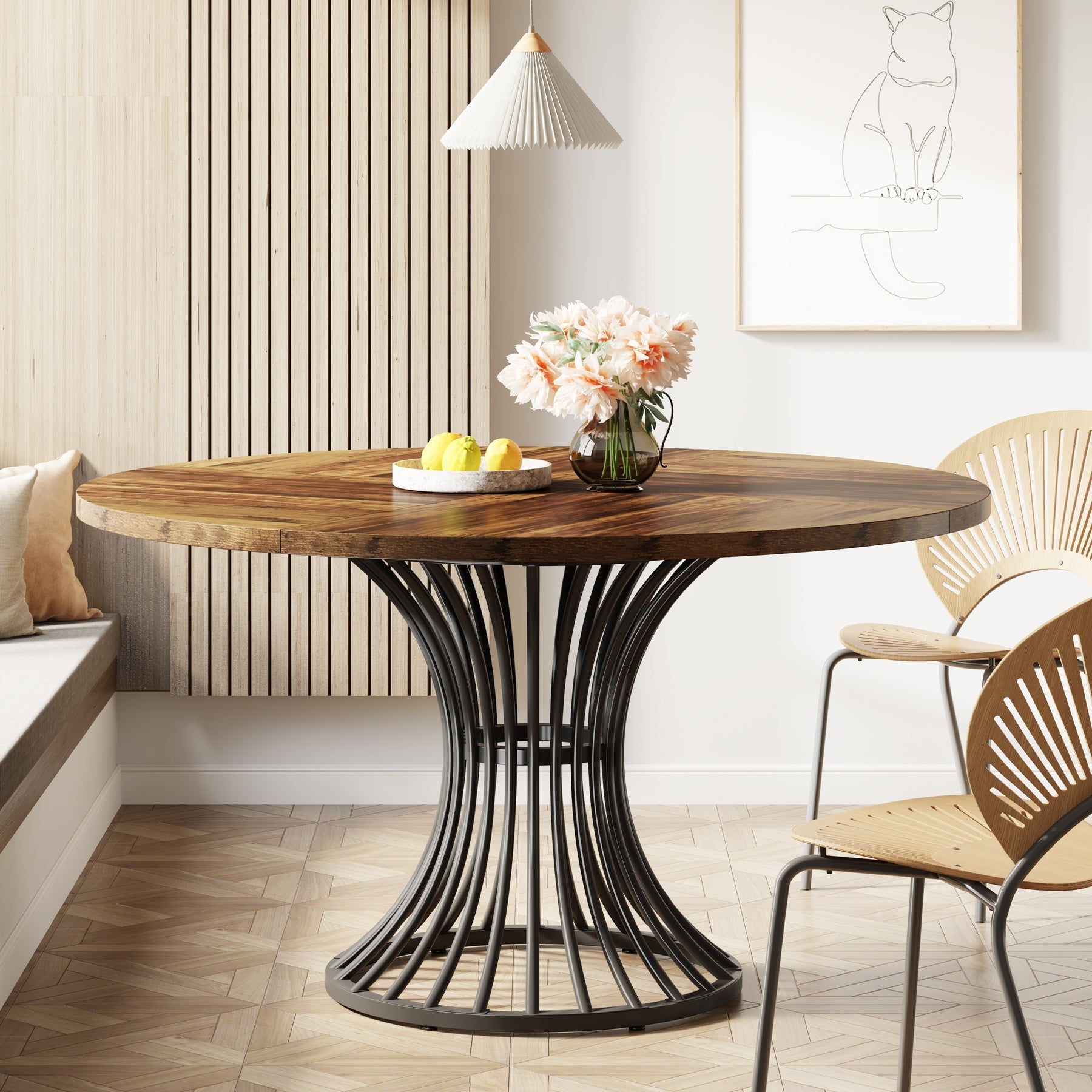 Tribesigns 47.2-Inch Round Dining Table for 4-6, Farmhouse Kitchen Table with Hourglass Metal Base