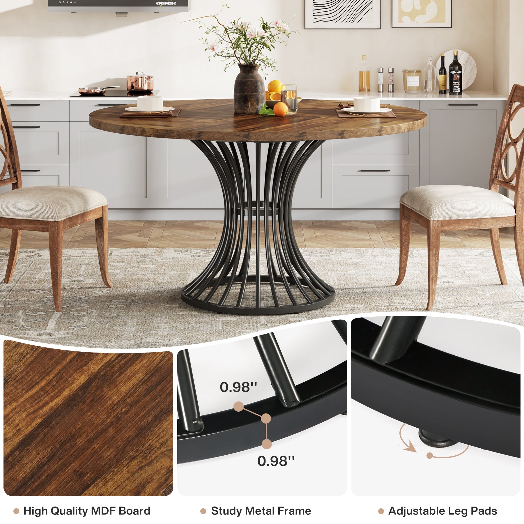 Tribesigns 47.2-Inch Round Dining Table for 4-6, Farmhouse Kitchen Table with Hourglass Metal Base
