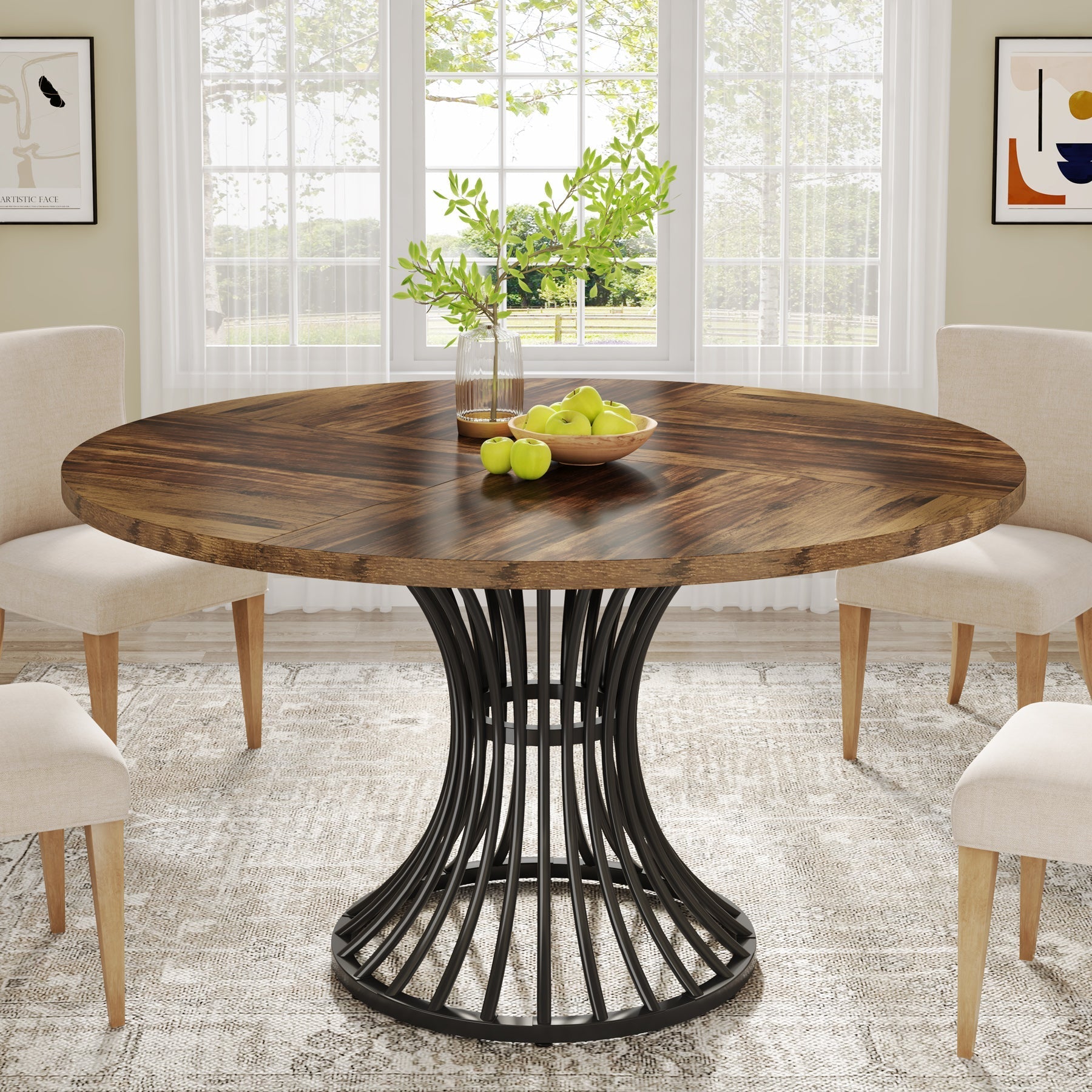 Tribesigns 47.2-Inch Round Dining Table for 4-6, Farmhouse Kitchen Table with Hourglass Metal Base