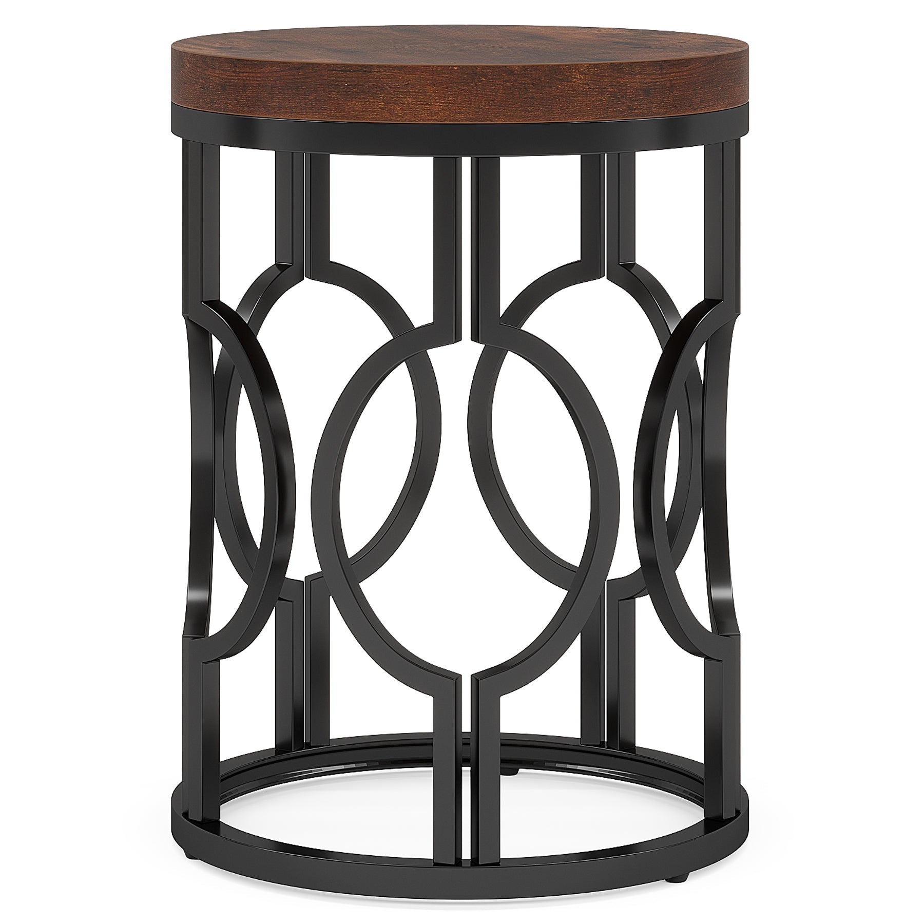 Round End Table, Industrial Side Table with Metal Hollow Frame