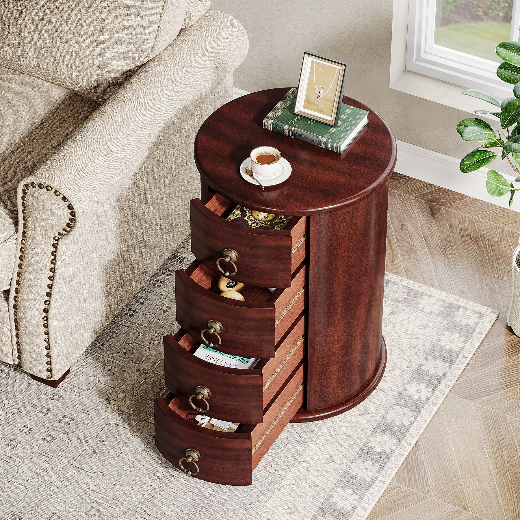 Wood End Table, Round Side Table With 4 Drawers