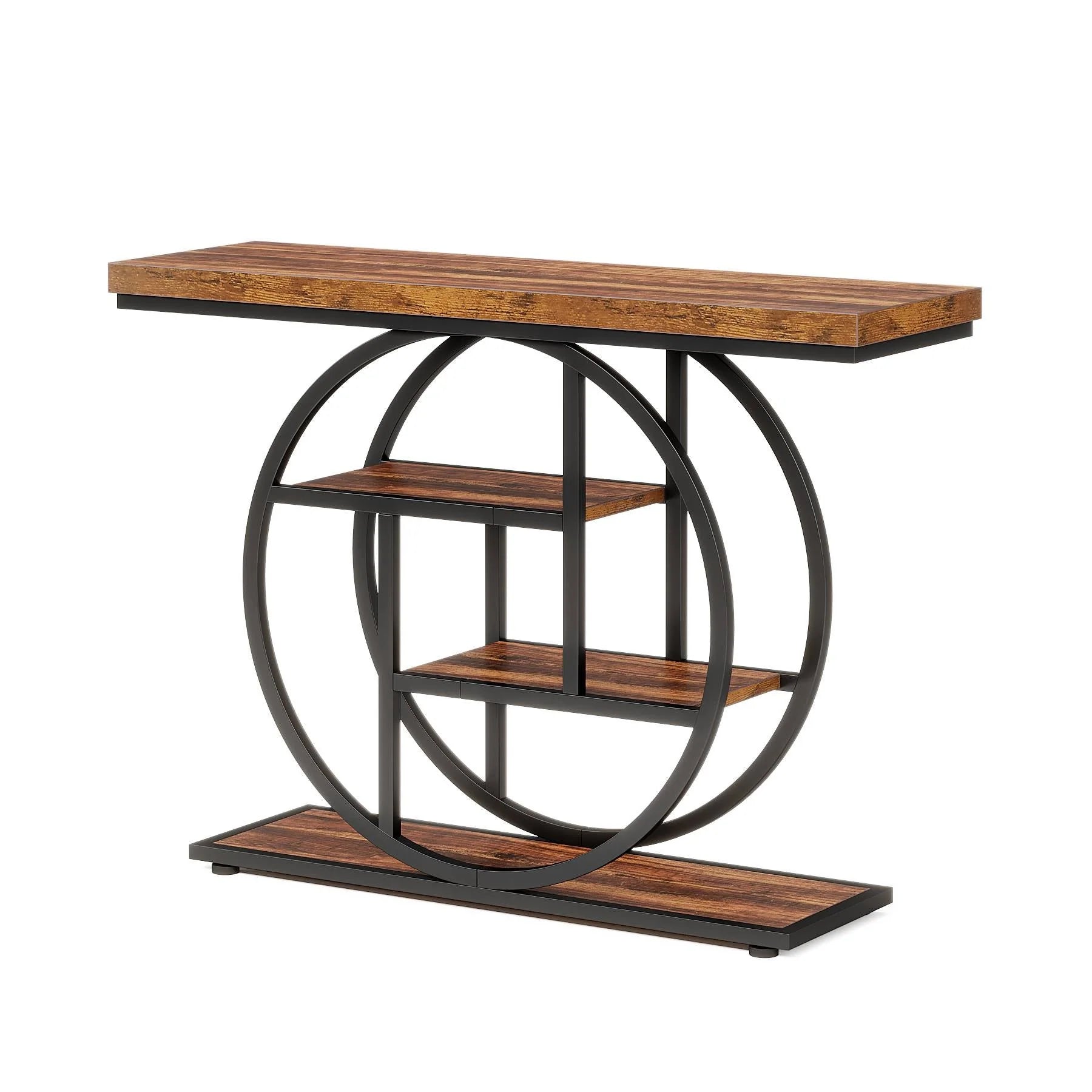 41.3" Console Table, Industrial 4-Tier Sofa Entryway Table with Circle Base#Colour_Rustic Brown