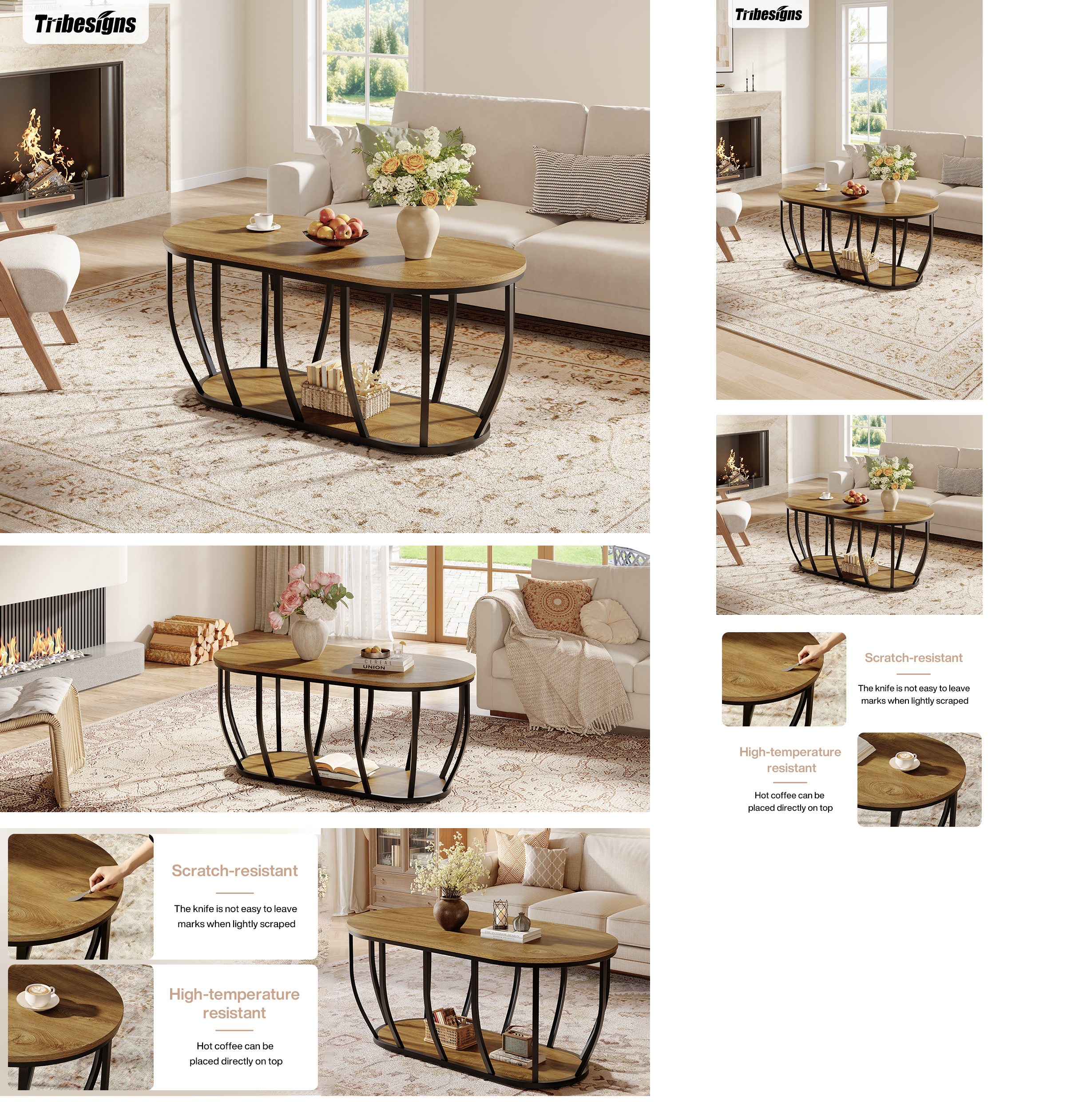 Tribesigns 47.2-Inch Oval Industrial Coffee Table, 2-Tier Wooden Center Table with Curved Metal Base
