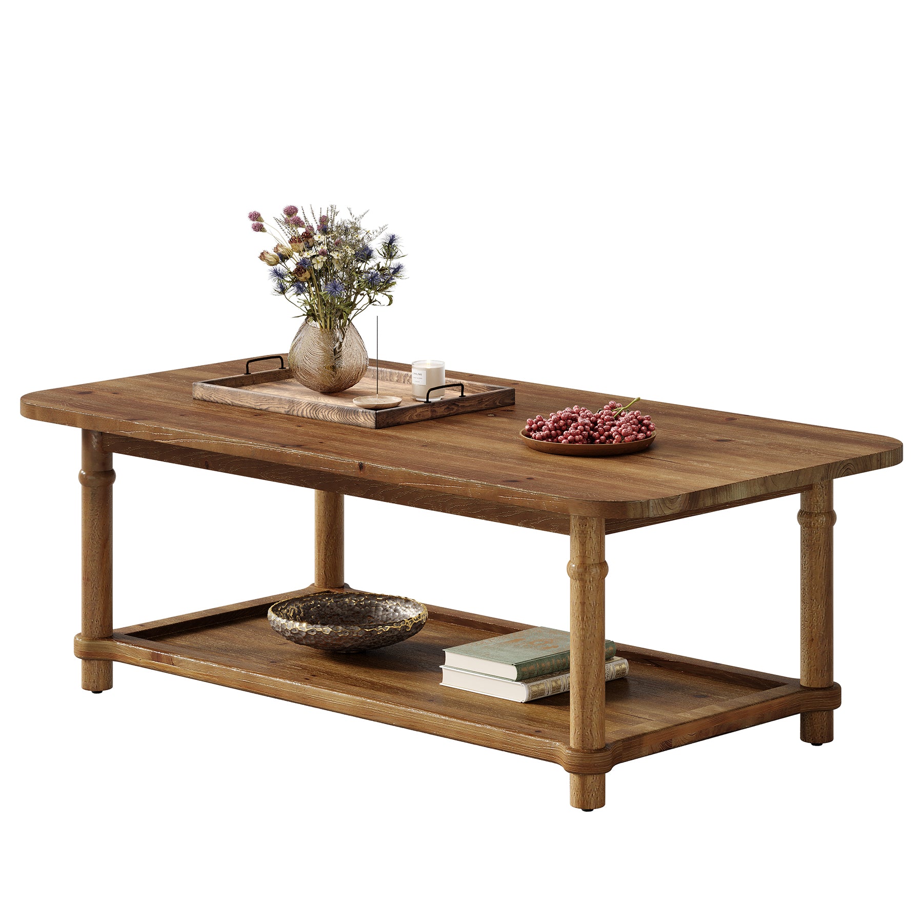 47-Inch Rectangle Coffee Table, Solid Wood 2-Tier Storage Table for Living Room