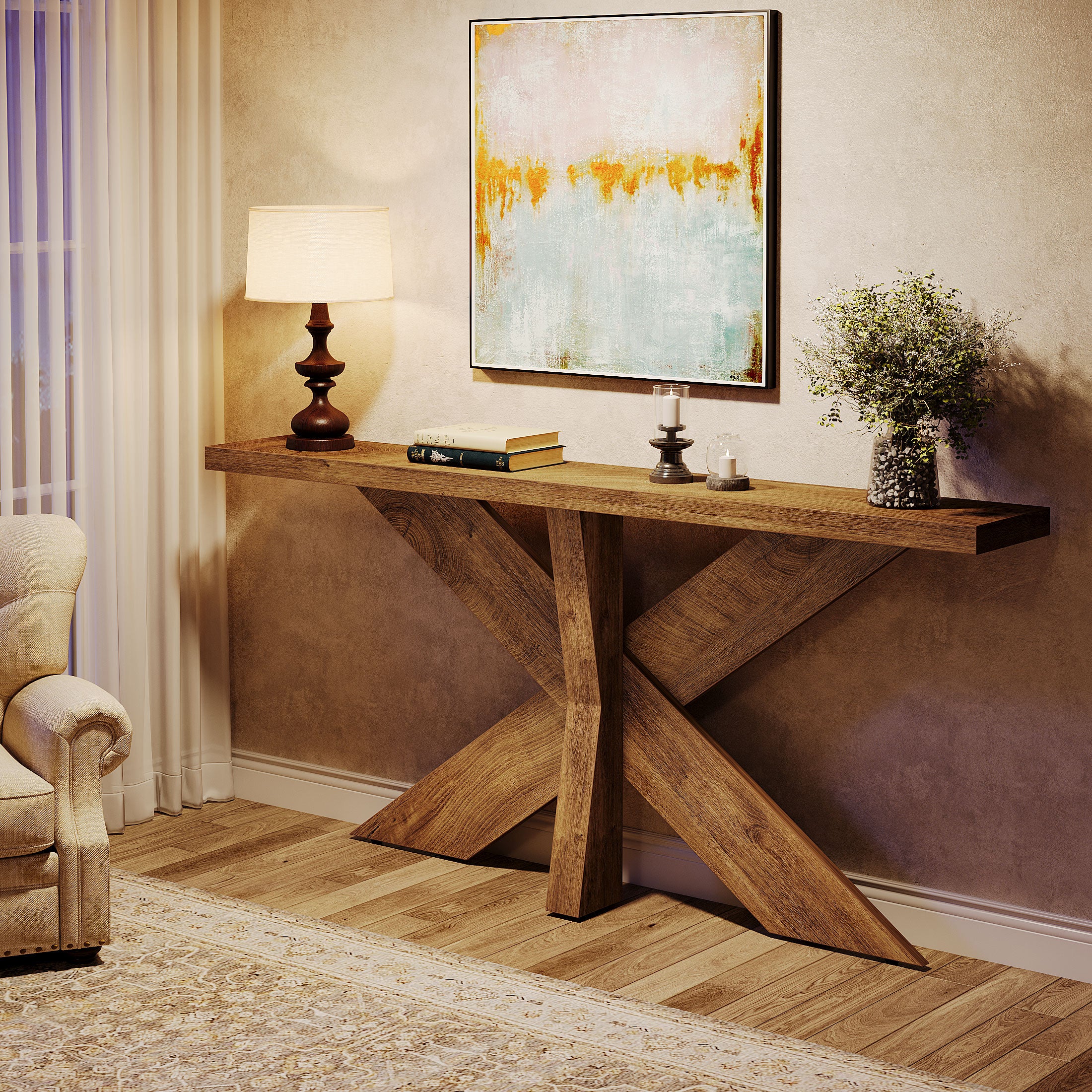 Tribesigns 70.9-Inch Console Table, Farmhouse Sofa Table with Wooden Geometric Base for Entryway