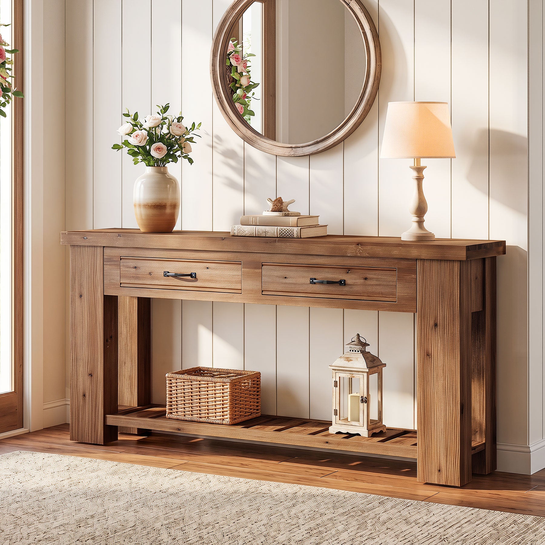 63-Inch Farmhouse Console Table with Solid Fir Wood Frame and 2 Drawers, Long Entryway Sofa Table with Slatted Shelf