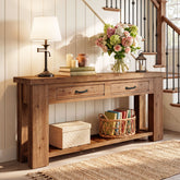 63-Inch Farmhouse Console Table with Solid Fir Wood Frame and 2 Drawers, Long Entryway Sofa Table with Slatted Shelf 3