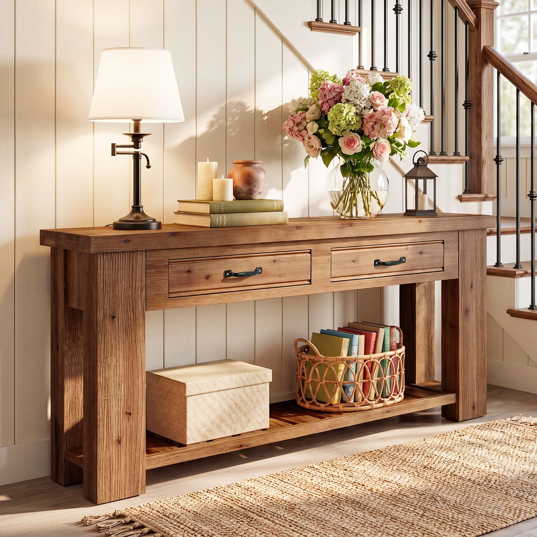 63-Inch Farmhouse Console Table with Solid Fir Wood Frame and 2 Drawers, Long Entryway Sofa Table with Slatted Shelf