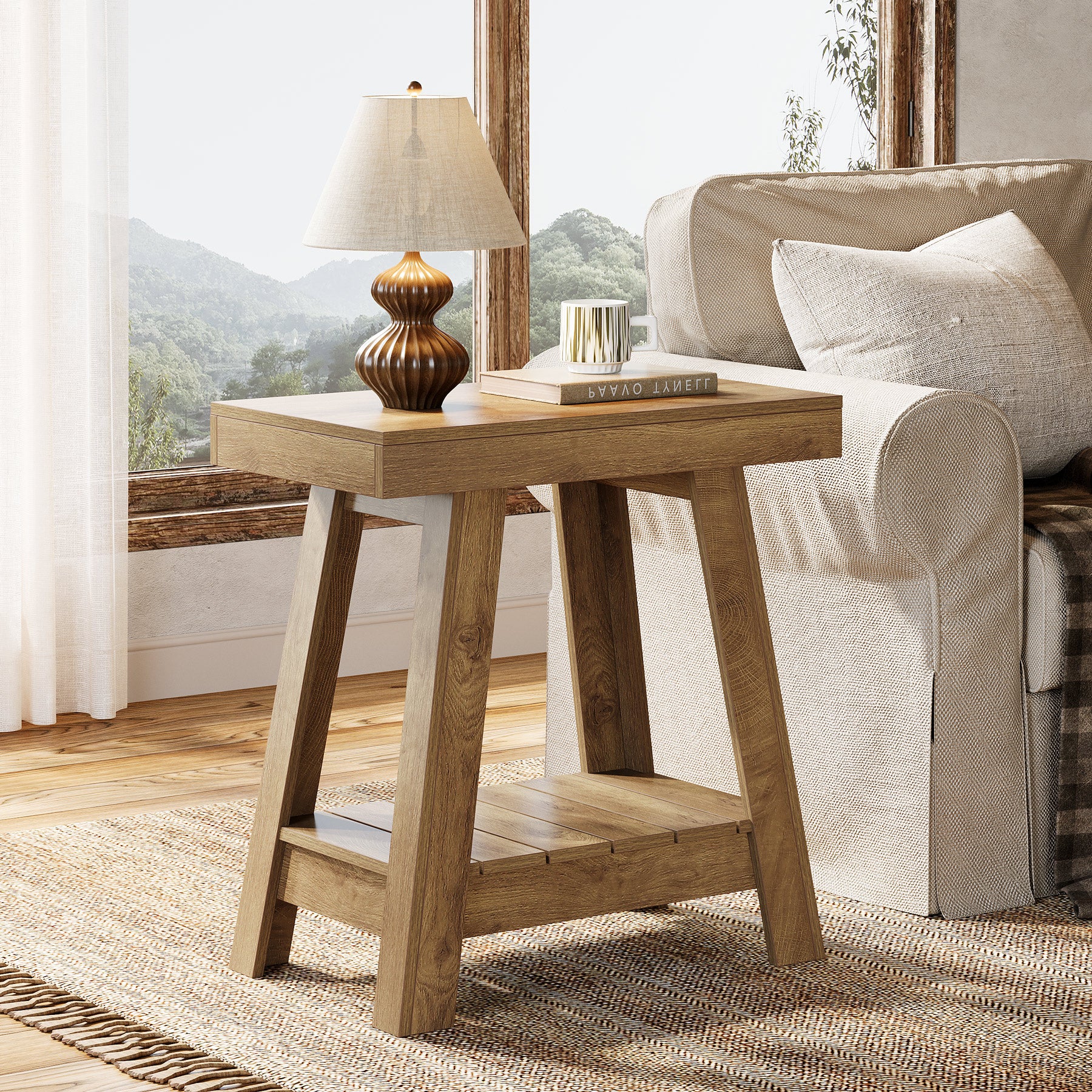 Tribesigns 23.6 Inch 2-Tier End Table with Trapezoidal Base, Farmhouse Side Table for Small Spaces