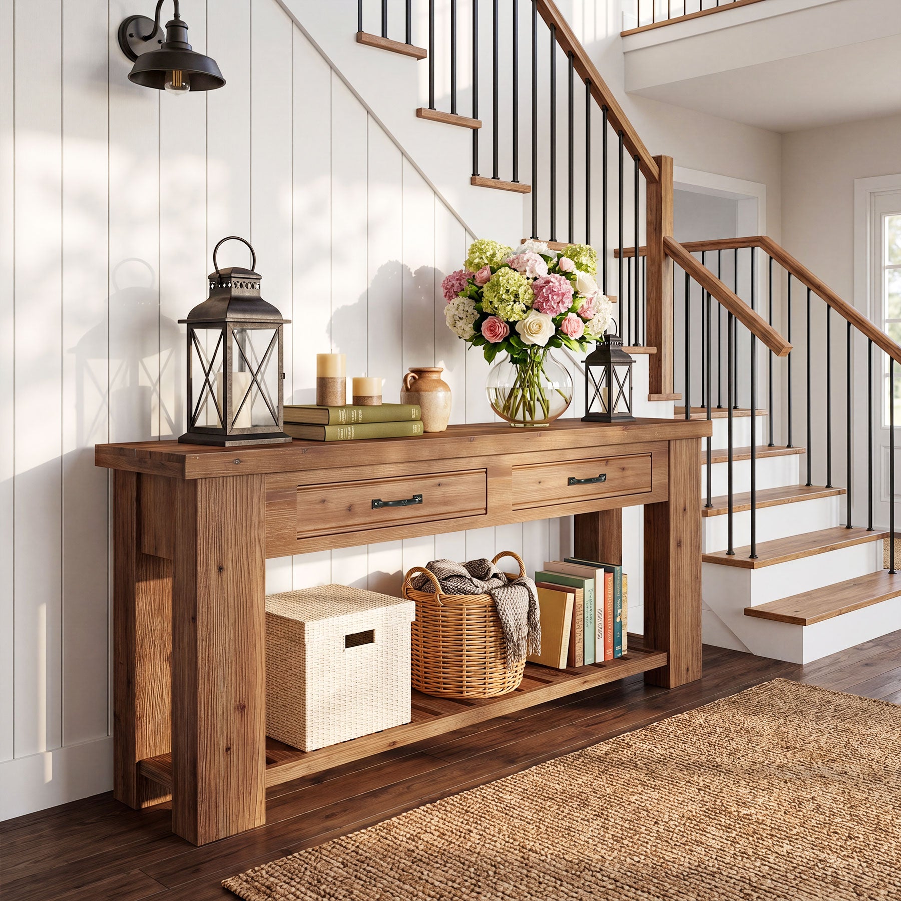 63-Inch Farmhouse Console Table with Solid Fir Wood Frame and 2 Drawers, Long Entryway Sofa Table with Slatted Shelf