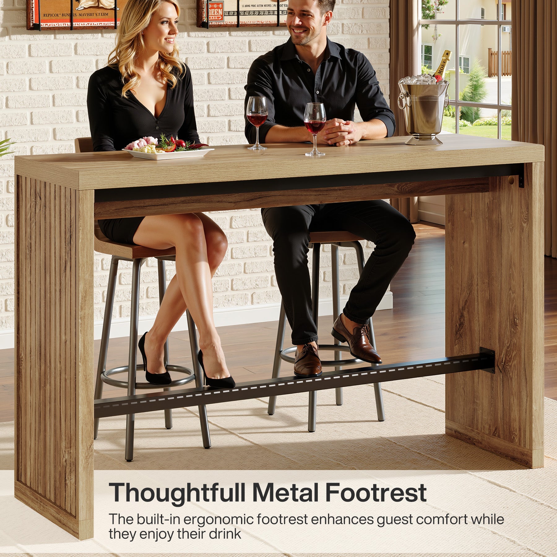 Tribesigns 55-Inch Counter Height Bar Table with Metal Footrest and Fluted Design, Rectangular High Top Pub Table for Home Bar Kitchen and Bistro