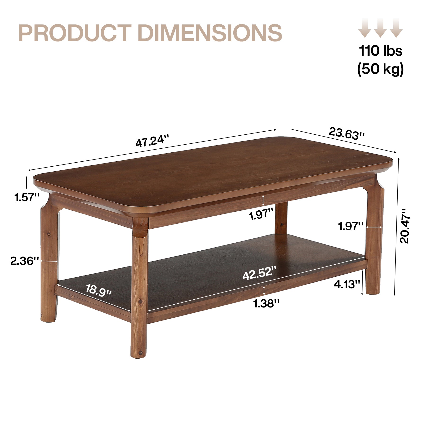 Tribesigns 47-Inch Coffee Table with Open Shelf, Rounded-Corner Center Table for Living Room