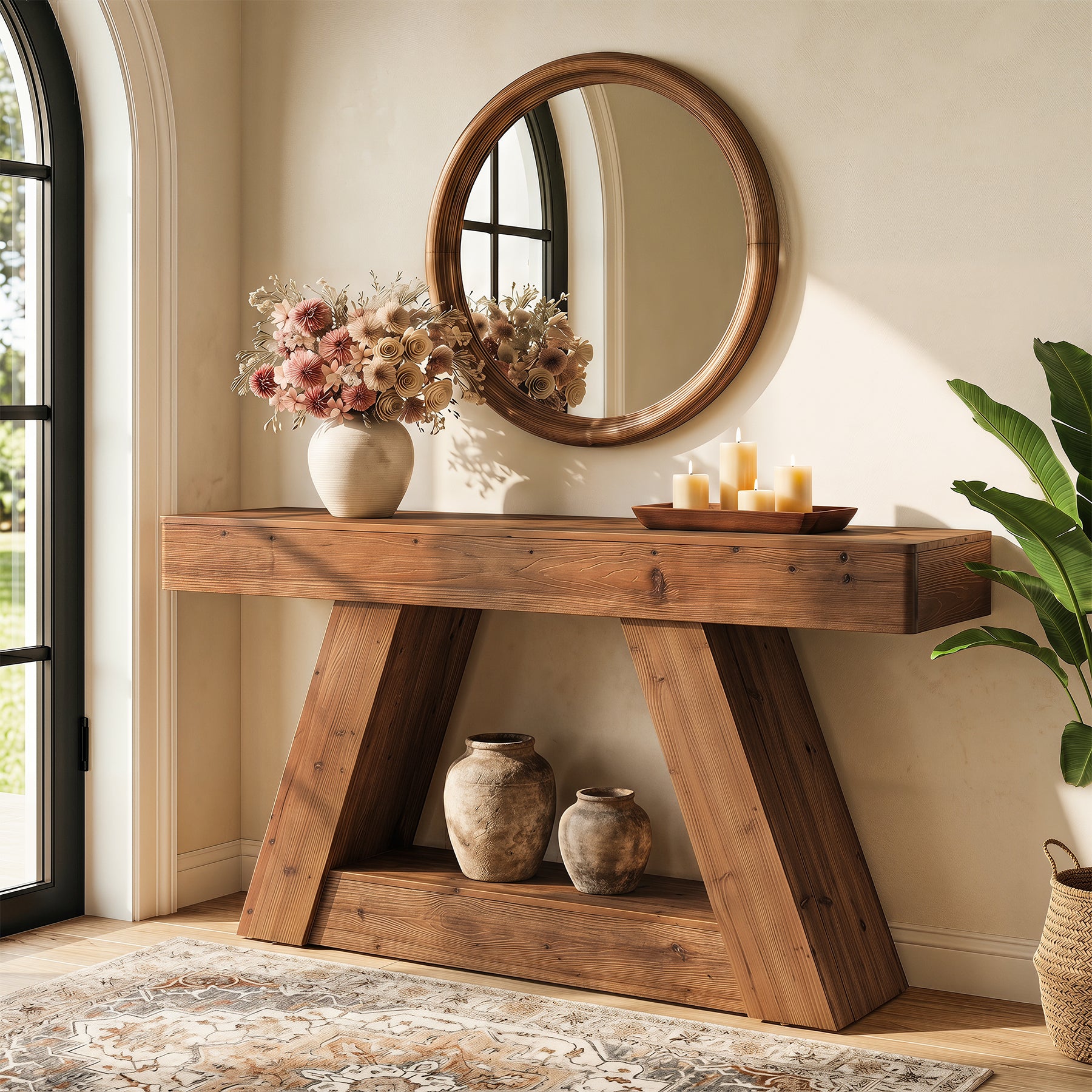 63-Inch Solid Wood Console Table with 2-Tier Storage, Farmhouse Sofa Table for Hallway