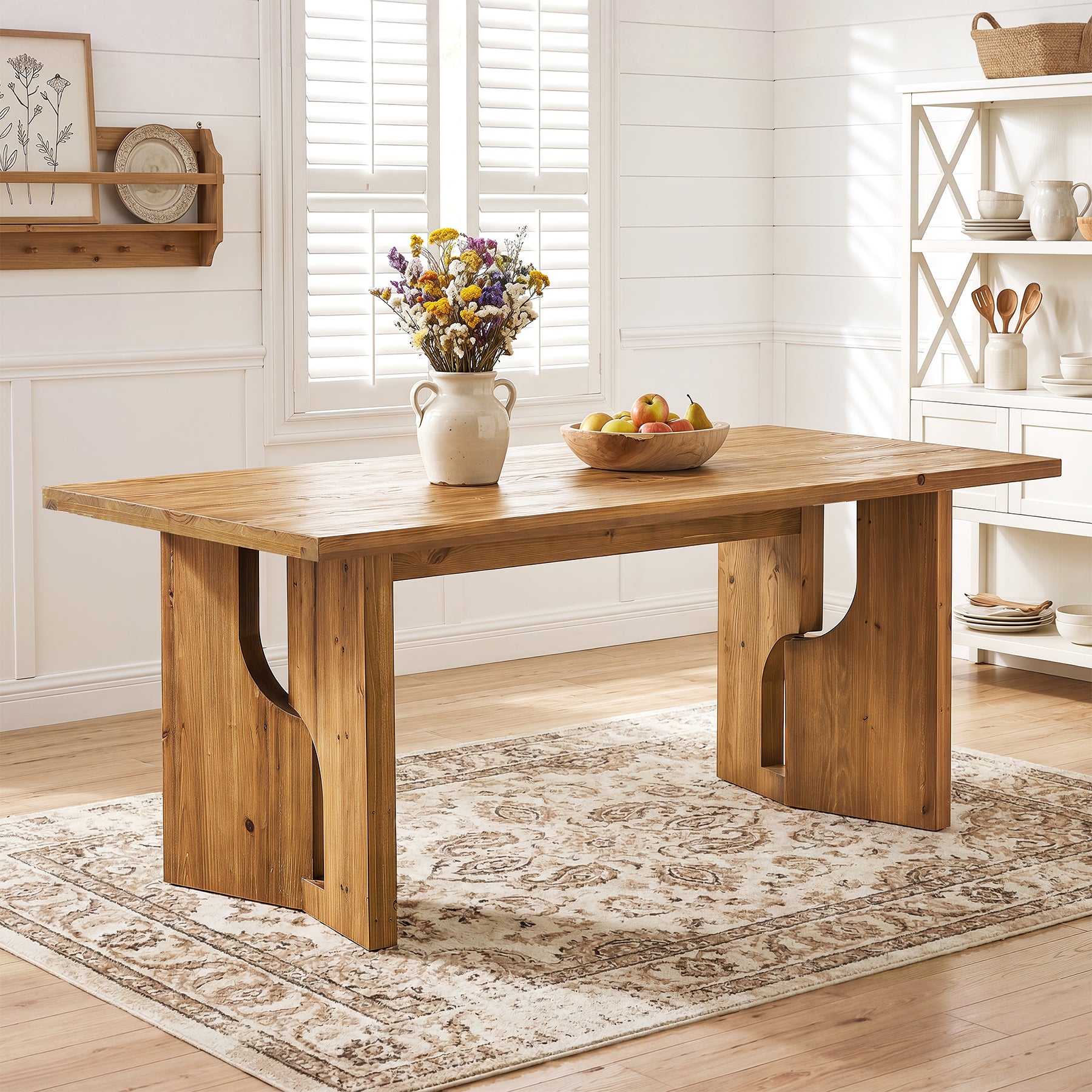 Tribesigns 63-Inch Solid Wood Dining Table with Cutout Bases, Farmhouse Table for Dining Room
