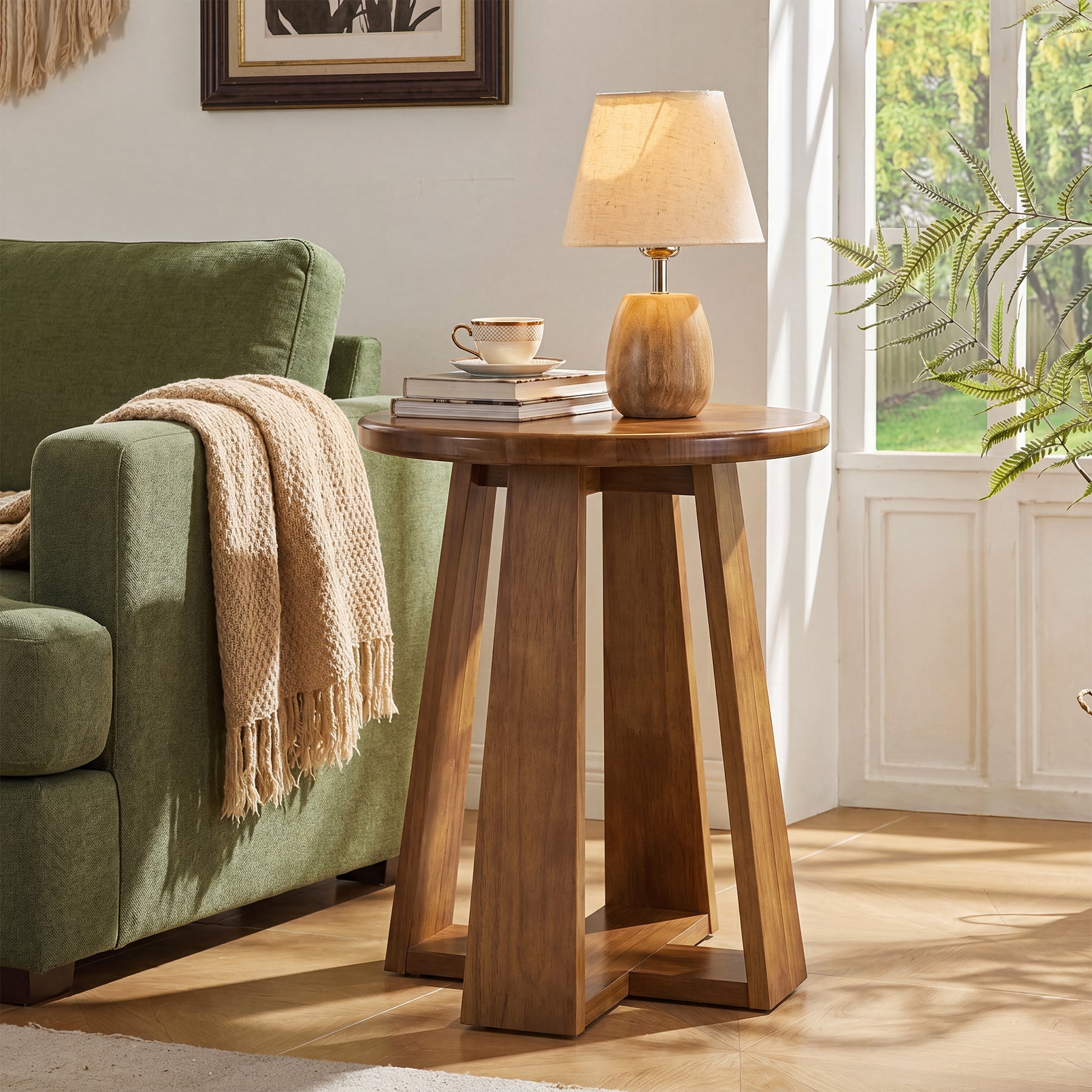 19.69 Inch Solid Wood Round End Table with Geometric Legs, Side Table for Living Room