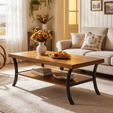 47 Inch Solid Wood Coffee Table, 2-Tier Farmhouse Center Table with Storage Shelf and Curved Metal Legs 3
