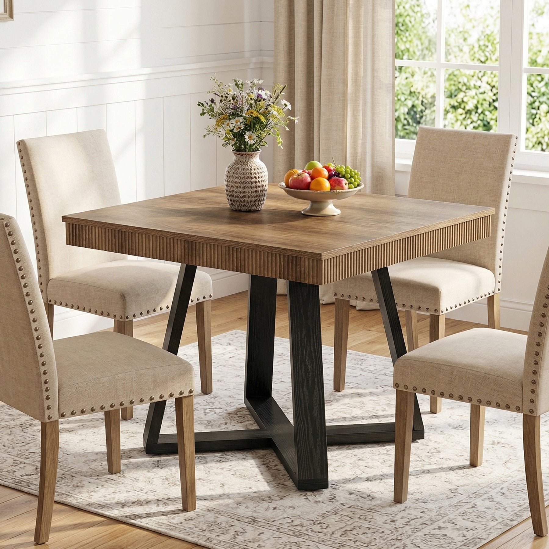 31.5-Inch Square Dining Table for 4, Rustic Wood Table with Fluted Edge and X-Base