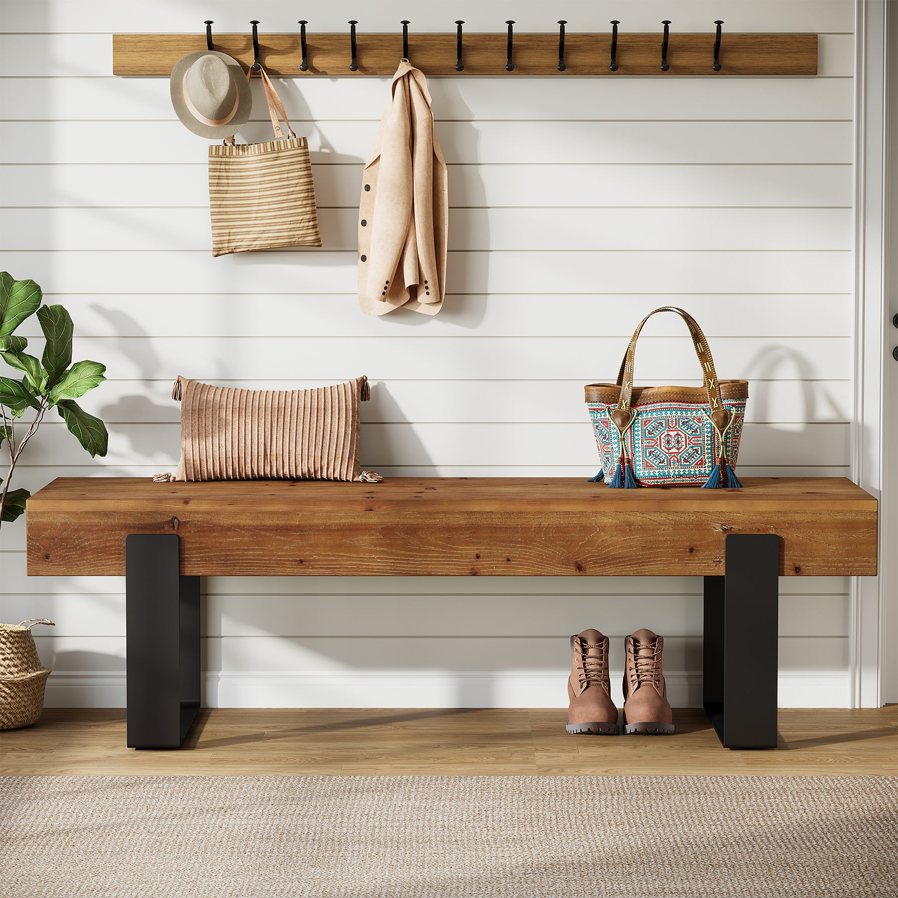 Tribesigns 63-Inch Solid Wood Entryway Bench, Farmhouse Shoe Bench with Metal Legs for Hallway