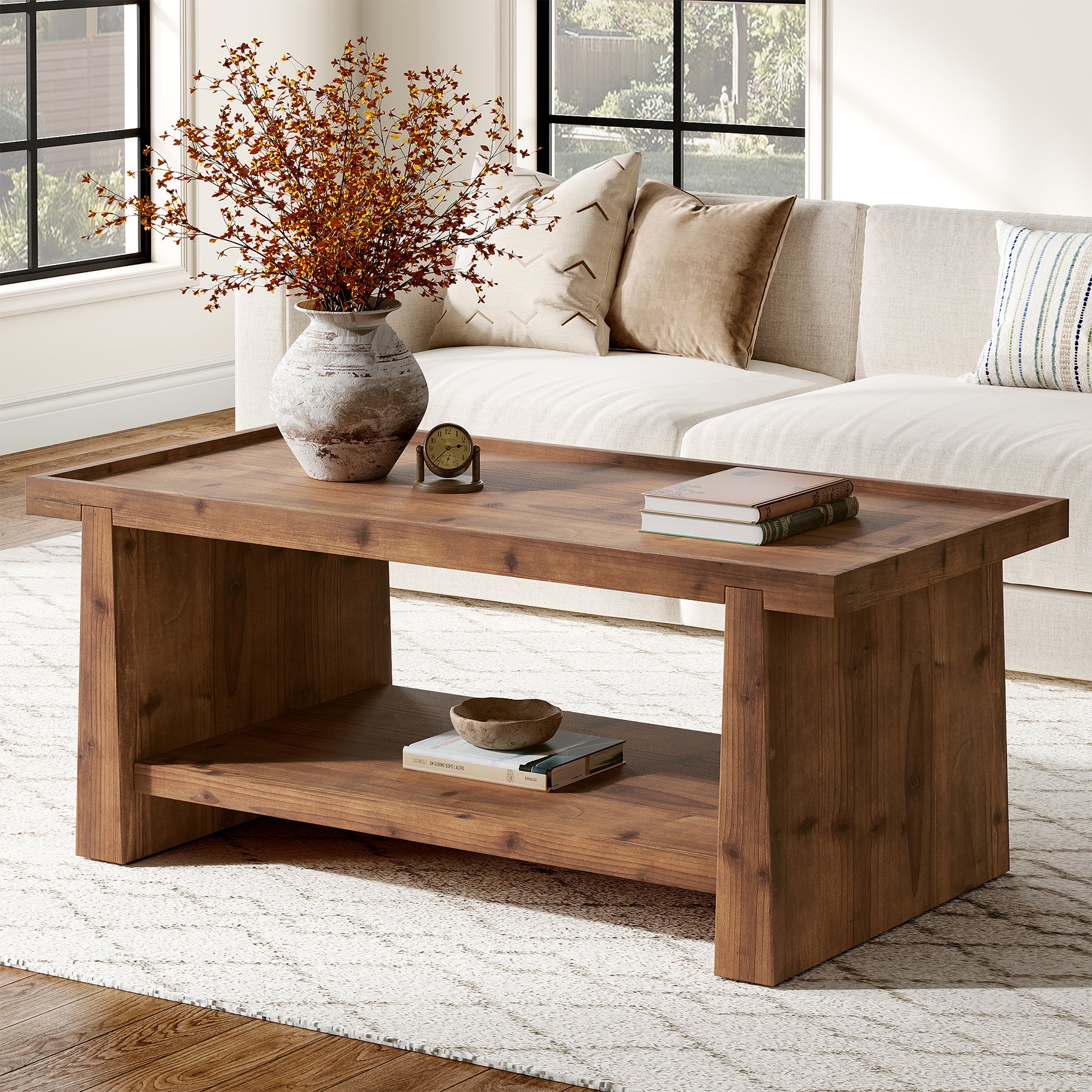 47.24"  Solid Wood Coffee Table with Raised Edge, Rustic Farmhouse 2 Tier Center Table
