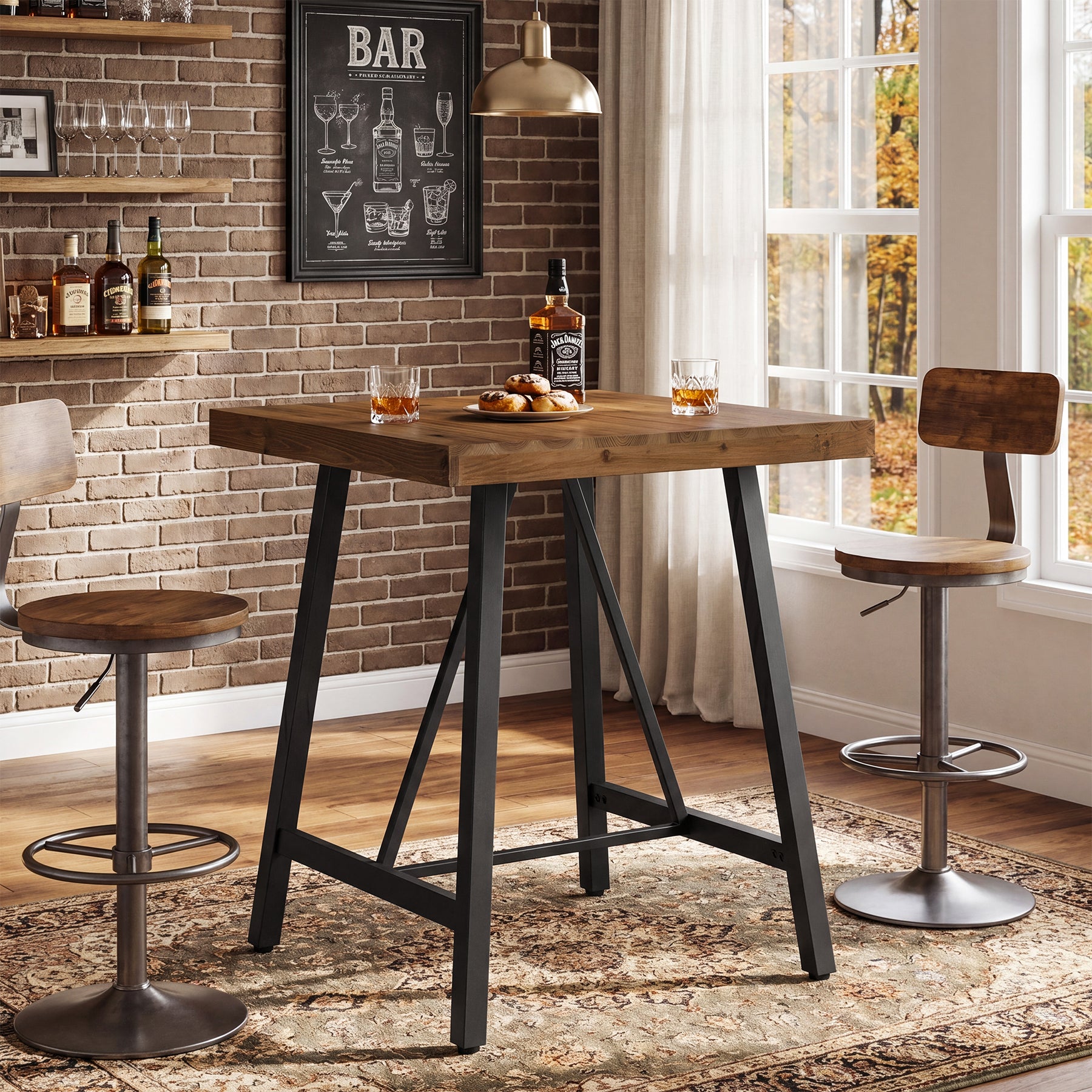 Tribesigns 31.5-Inch Square Bar Table with Solid Wood Top and Metal Footrest, Industrial Pub Table for Home Bar Kitchen and Cafe