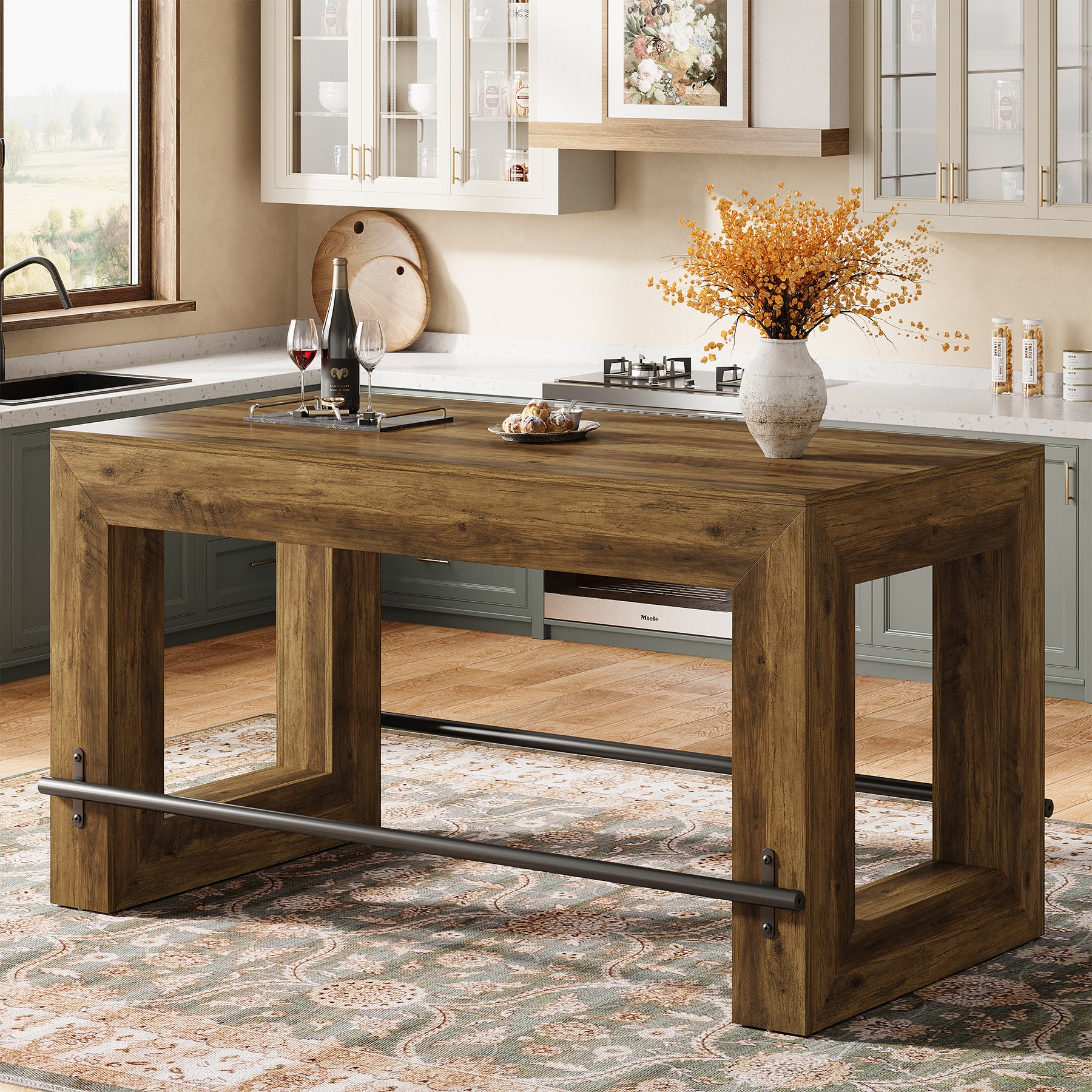 Tribesigns 59-Inch Industrial Bar Table with Metal Footrest, Counter Height Pub Table for Kitchen