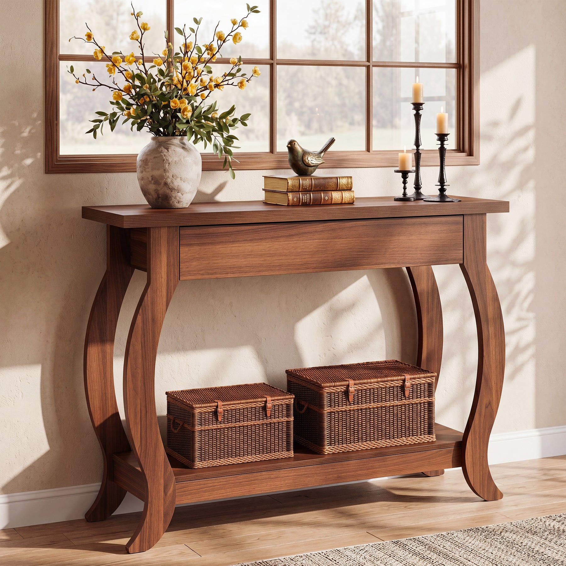 41.3-Inch Narrow Console Table with Drawer, Curved-Leg Hallway Table with Storage