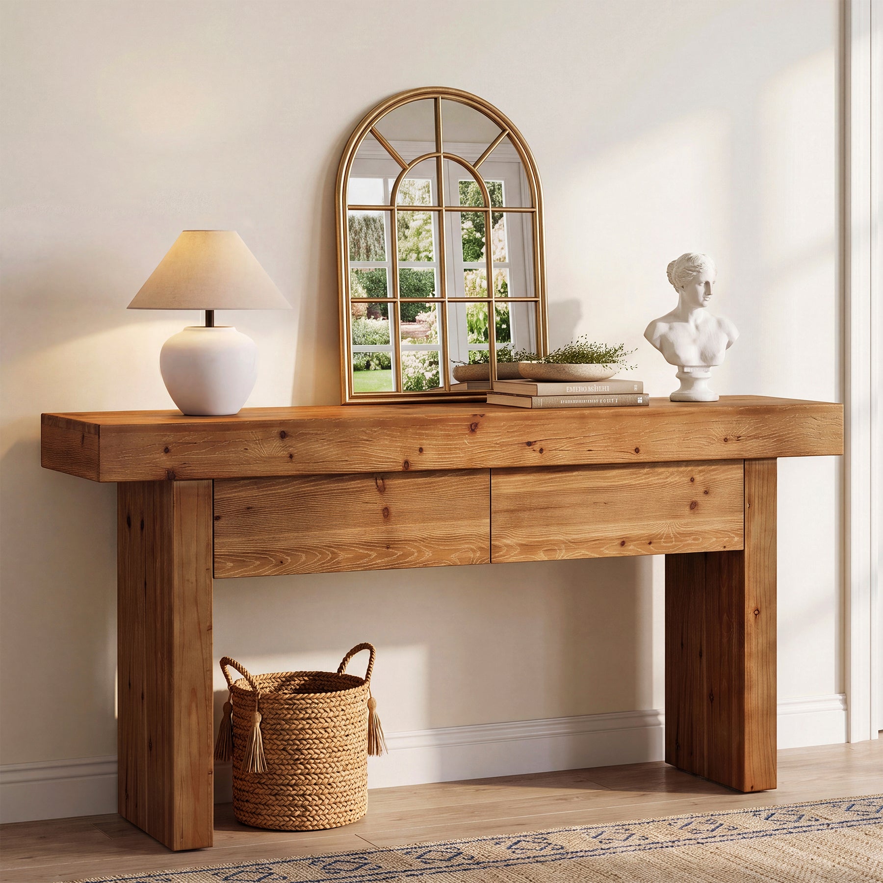 63 Inch Fir Wood Console Table with 2 Hidden Drawers, Narrow Entryway Table for Hallway